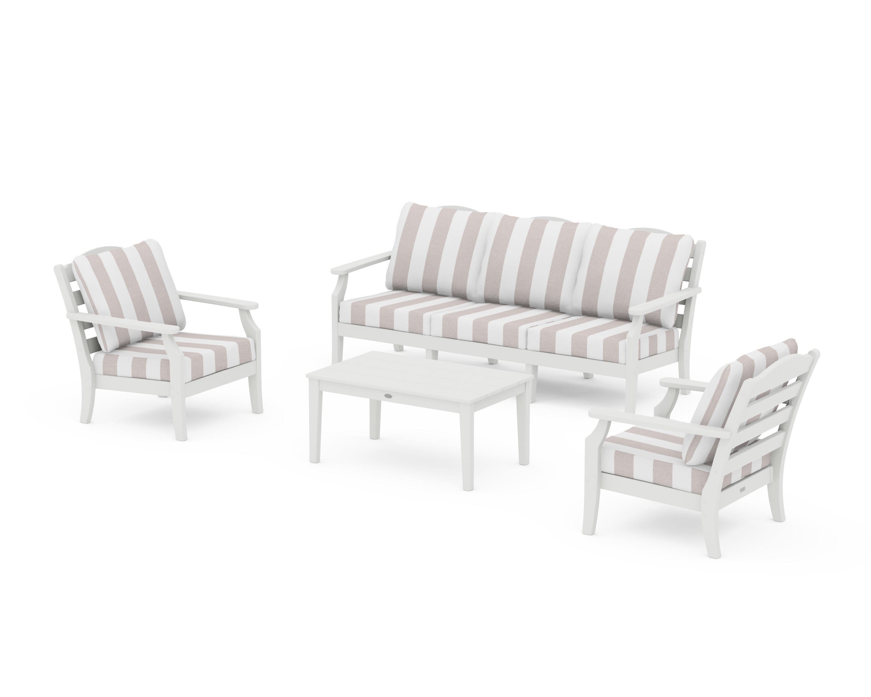 Savannah 4-Piece Deep Seating Set with Sofa in Vintage White / Cabana Stripe Dune Burlap