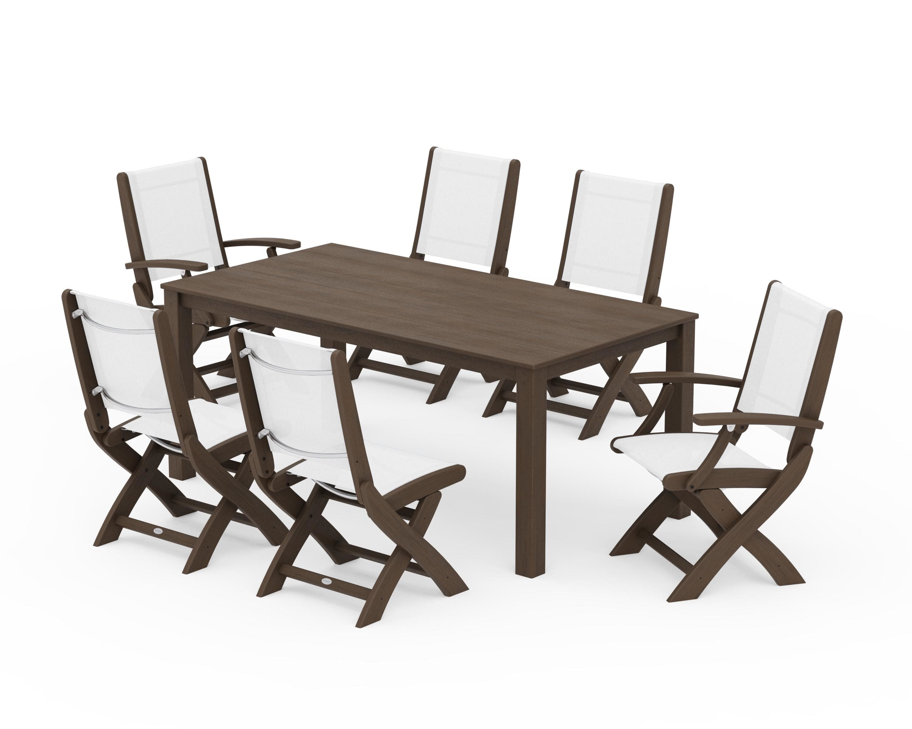 Coastal Folding Chair 7-Piece Parsons Dining Set in Kona / White Sling