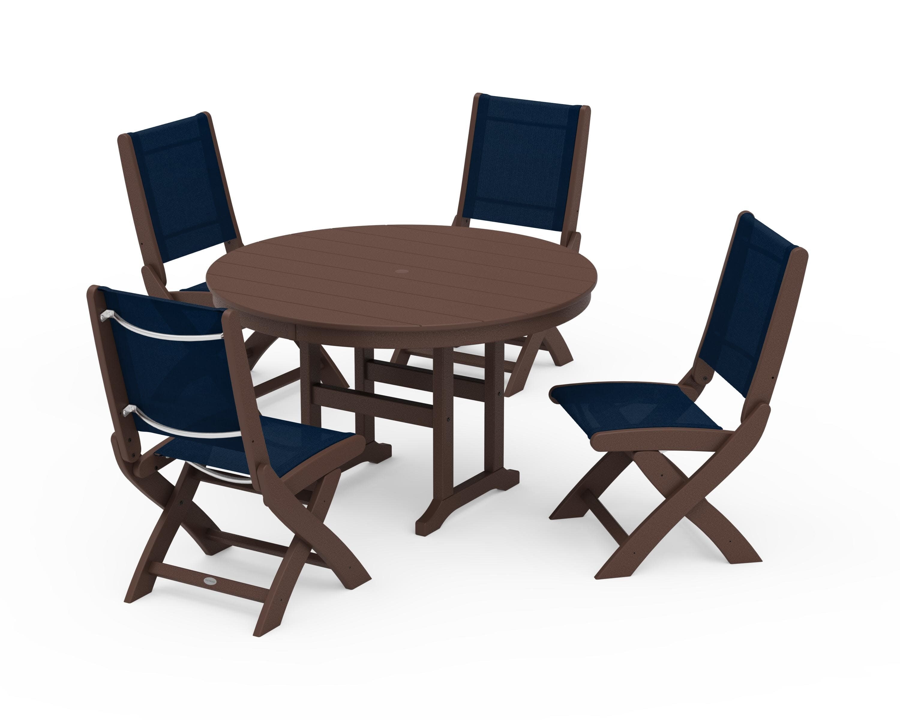 Coastal Folding Side Chair 5-Piece Round Dining Set in Mahogany / Navy Blue Sling