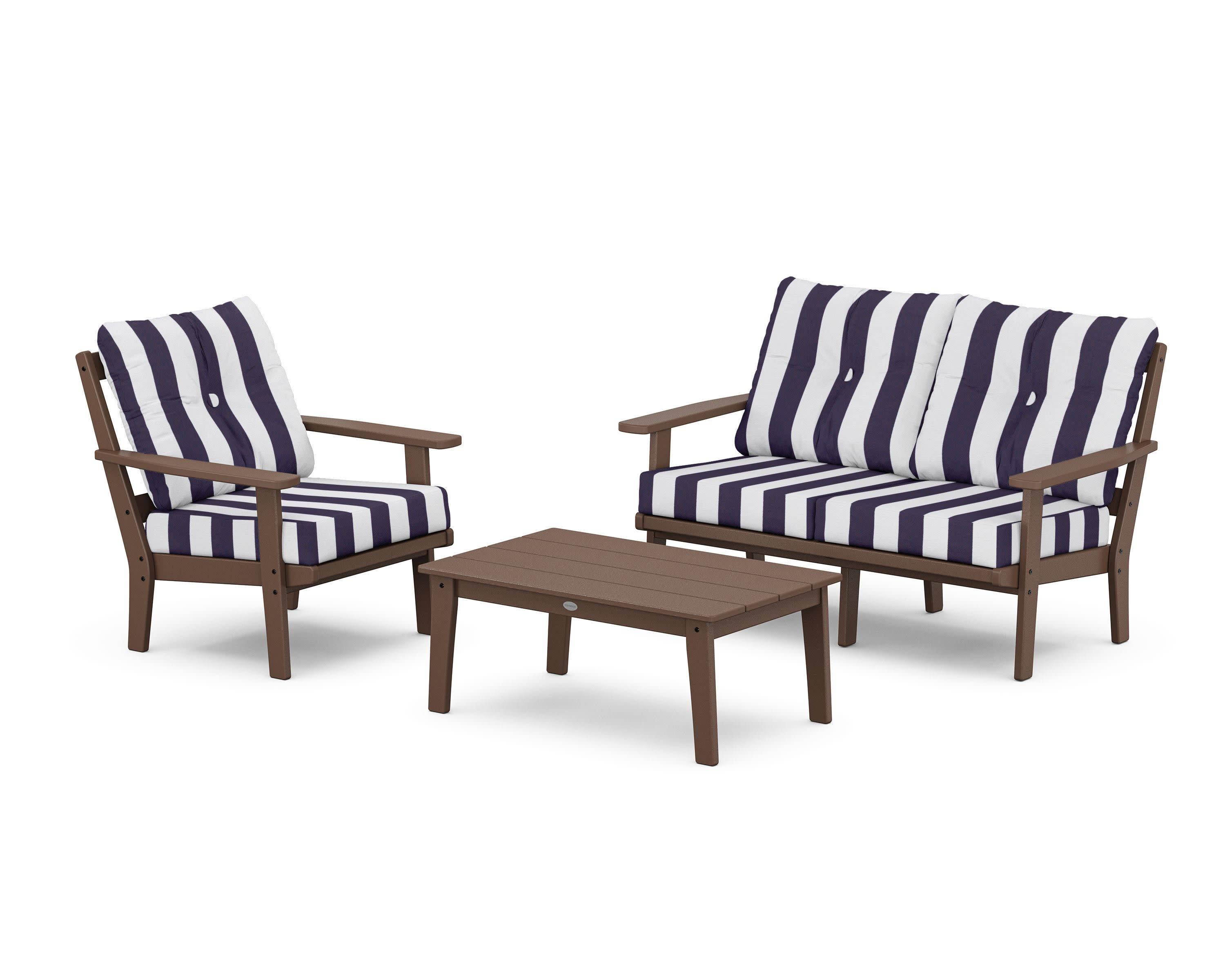 Oxford 3-Piece Deep Seating Set with Loveseat in Mahogany / Cabana Stripe Navy