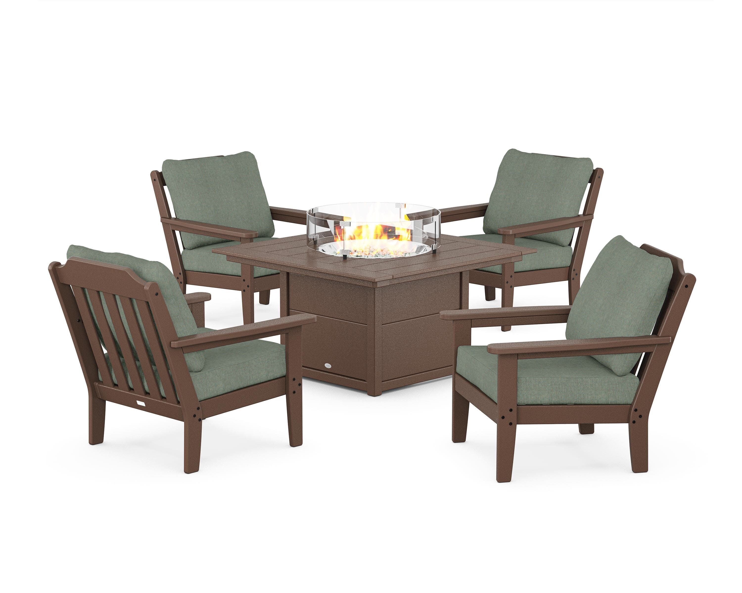 Cottage 5-Piece Deep Seating Set with Fire Pit Table in Mahogany / Cast Sage