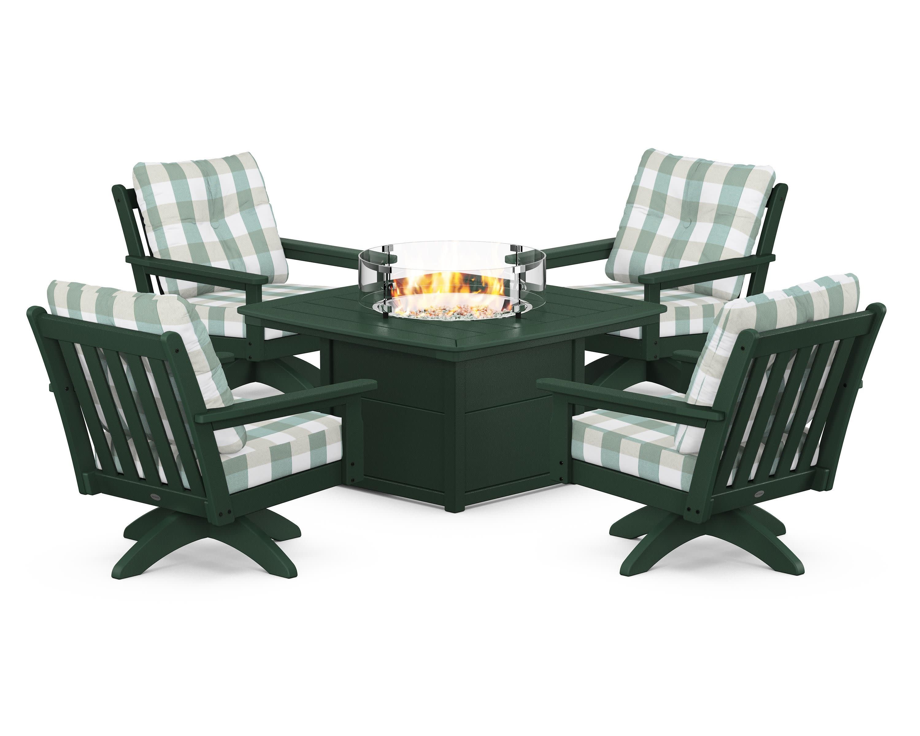 Vineyard 5-Piece Deep Seating Swivel Conversation Set with Fire Pit Table in Green / Buffalo Plaid Glacier Spa