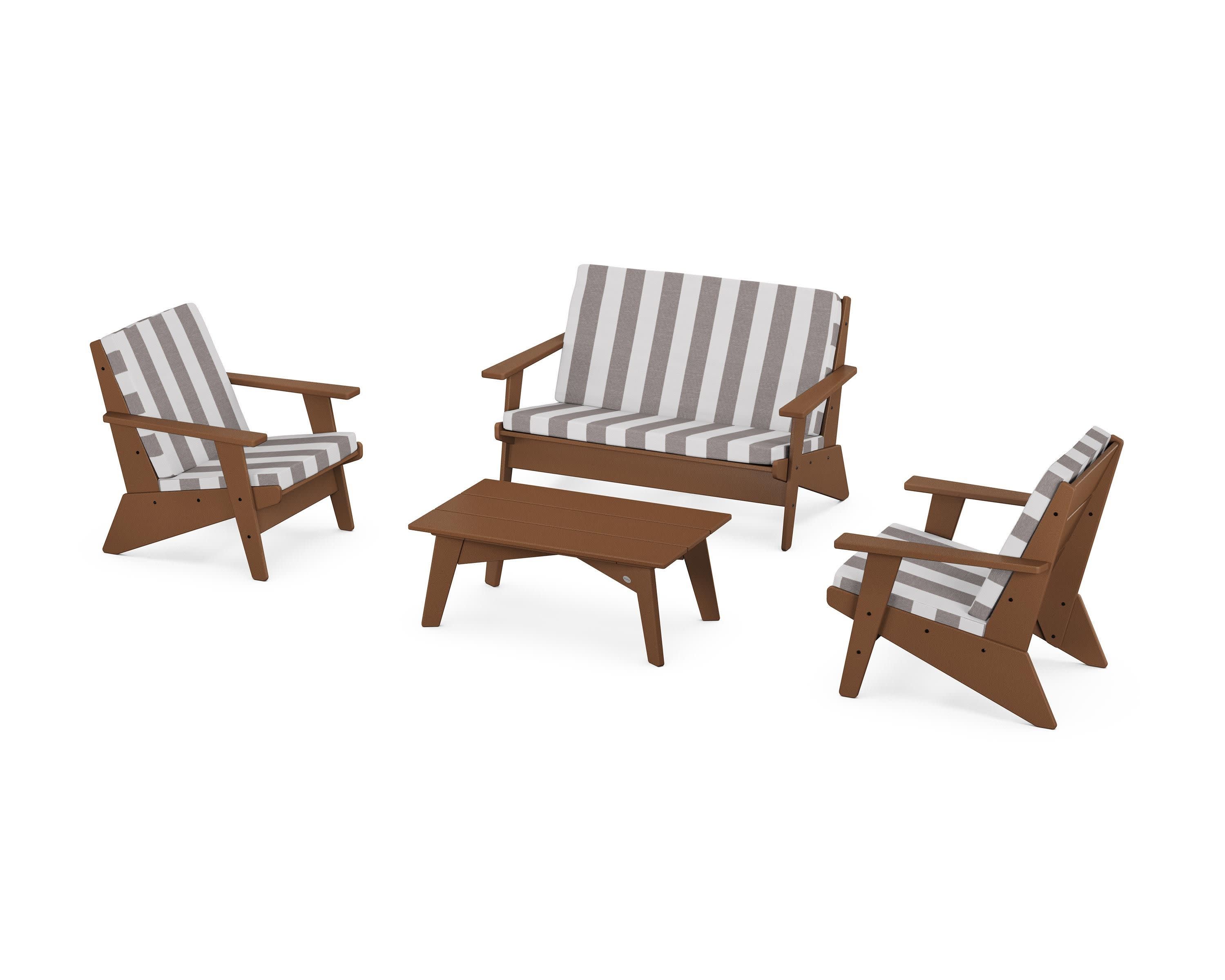 Riviera Modern Lounge 4-Piece Set in Teak / Cabana Stripe Grey Mist