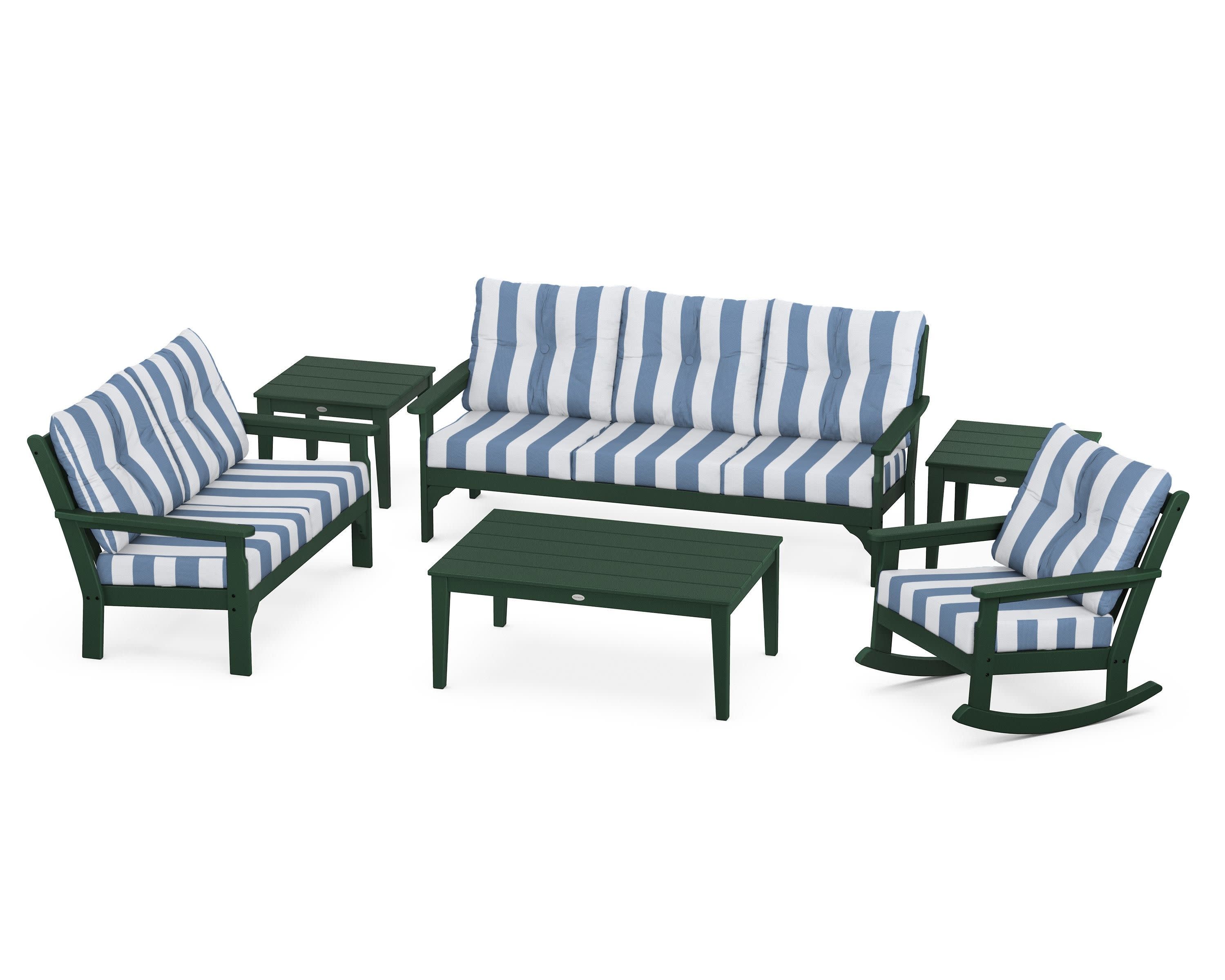 Vineyard 6-Piece Deep Seating Set in Green / Cabana Stripe Sky Blue
