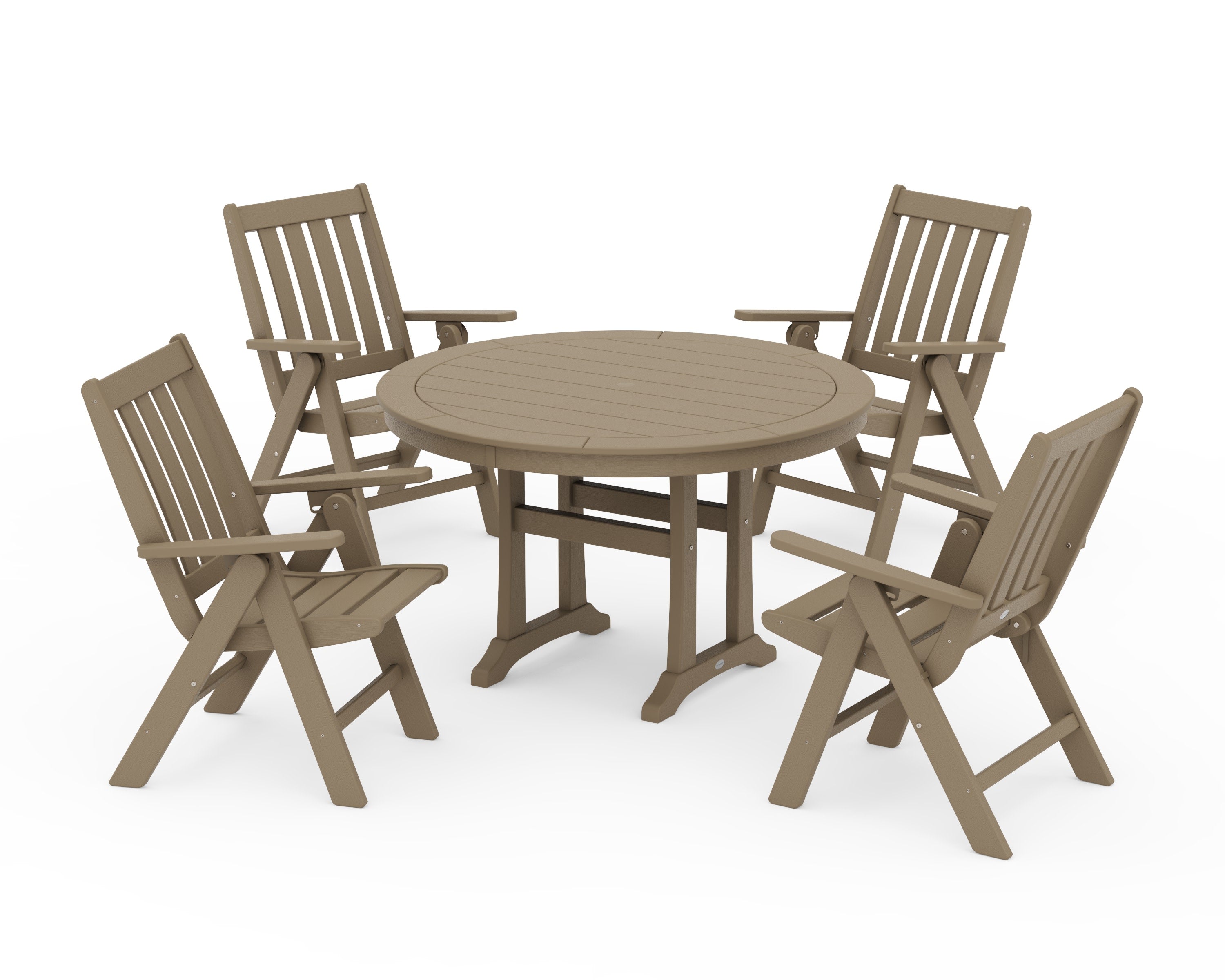 Vineyard Folding Chair 5-Piece Round Dining Set with Trestle Legs in Vintage Sahara