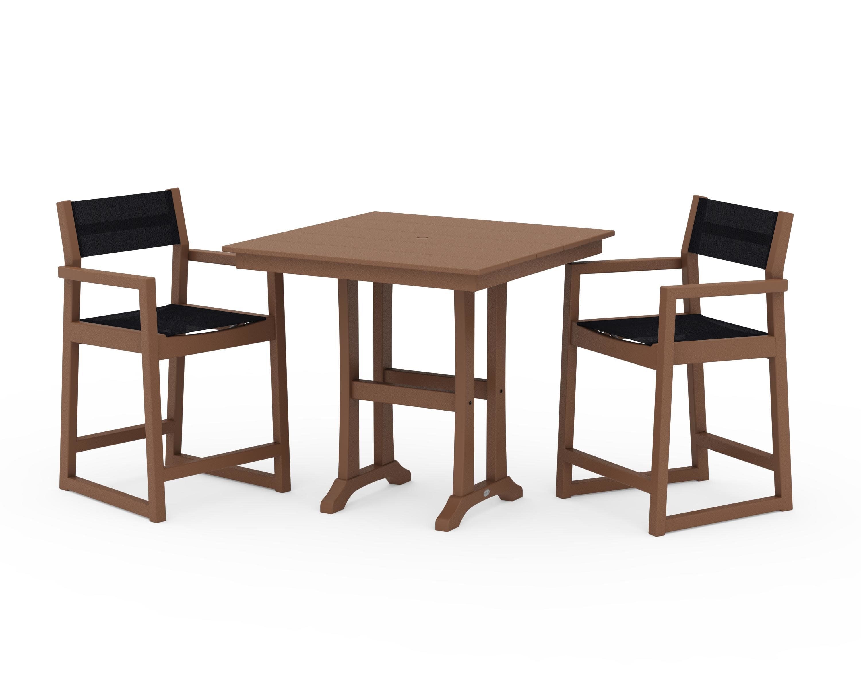 EDGE Sling Arm Chair 3-Piece Farmhouse Counter Set with Trestle Legs in Teak / Black Sling