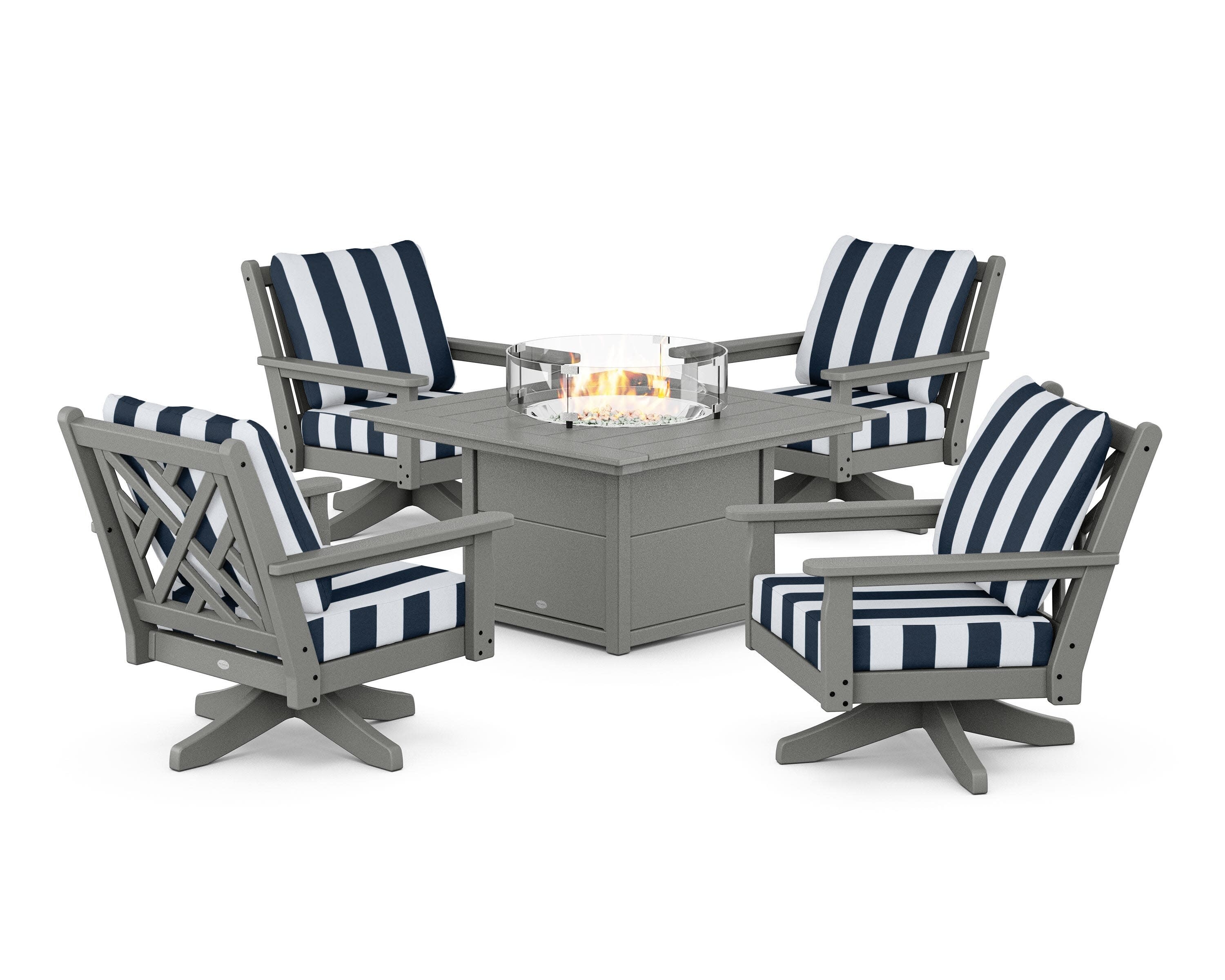Chippendale 5-Piece Deep Seating Swivel Conversation Set with Fire Pit Table in Slate Grey / Cabana Stripe Marine Indigo