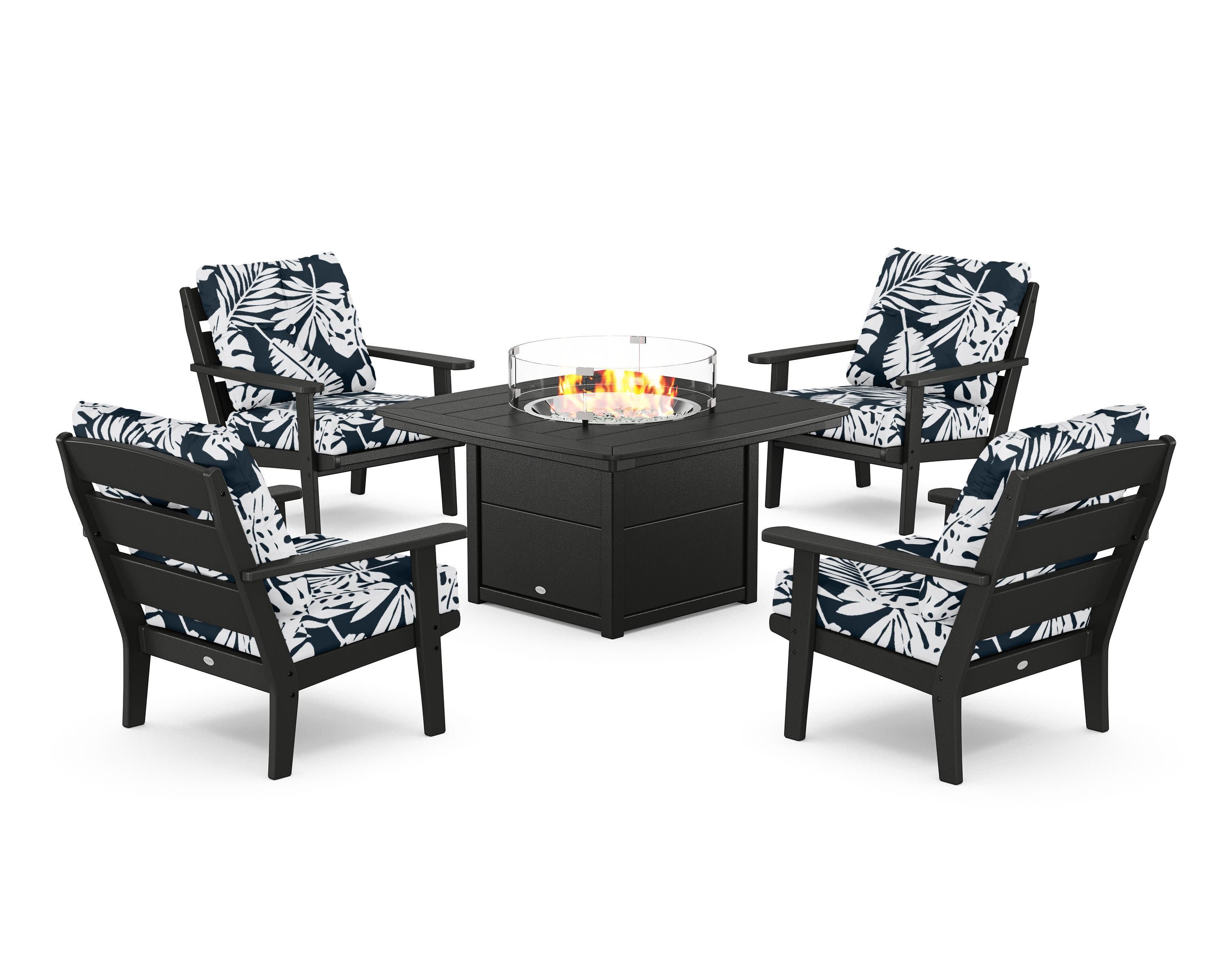 Lakeside 5-Piece Deep Seating Set with Nautical Fire Pit Table in Black / Leaf Marine Indigo