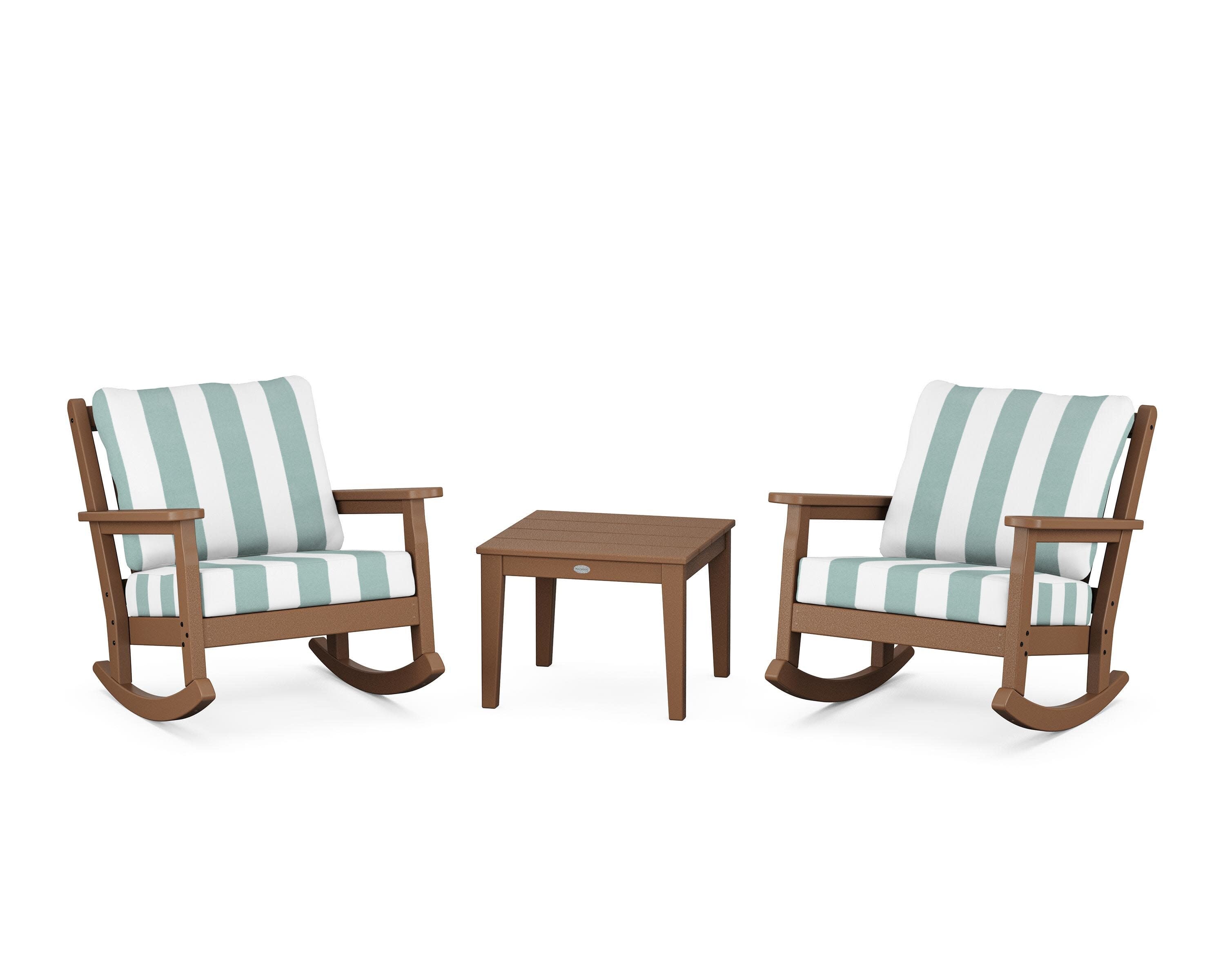 Chippendale 3-Piece Deep Seating Rocker Set in Teak / Cabana Stripe Glacier Spa