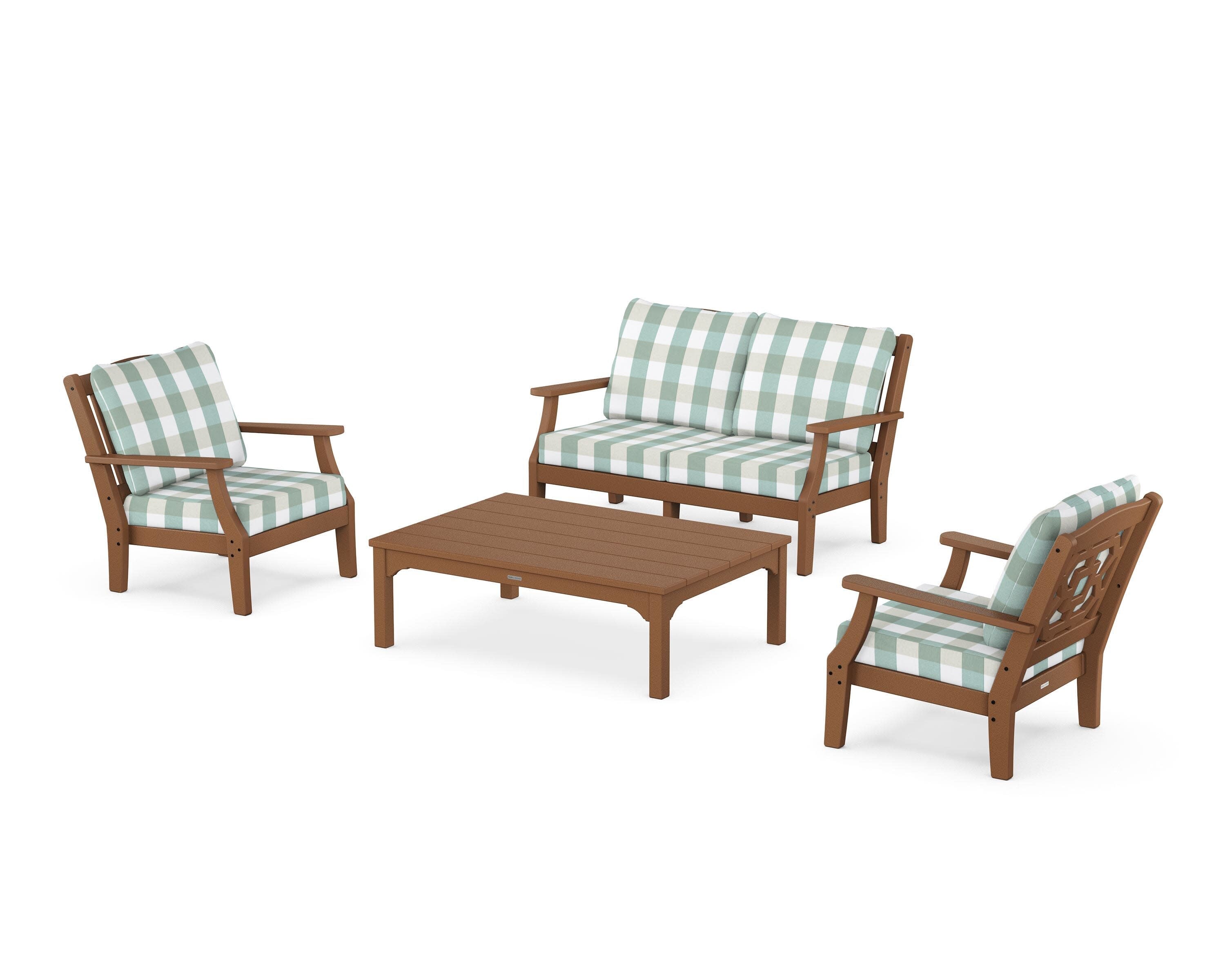 Chinoiserie 4-Piece Deep Seating Set with Loveseat in Teak / Buffalo Plaid Glacier Spa