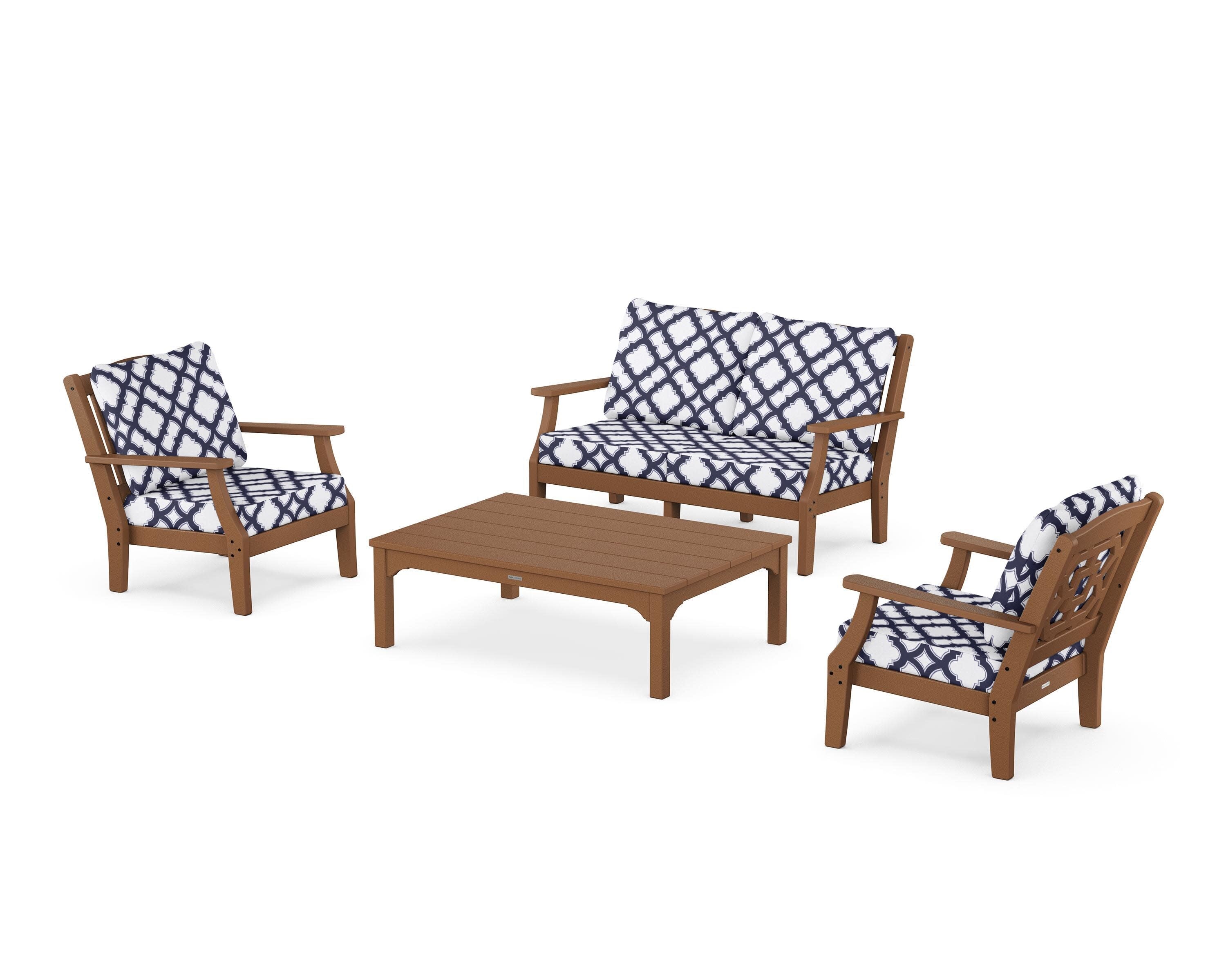 Chinoiserie 4-Piece Deep Seating Set with Loveseat in Teak / Trellis Navy
