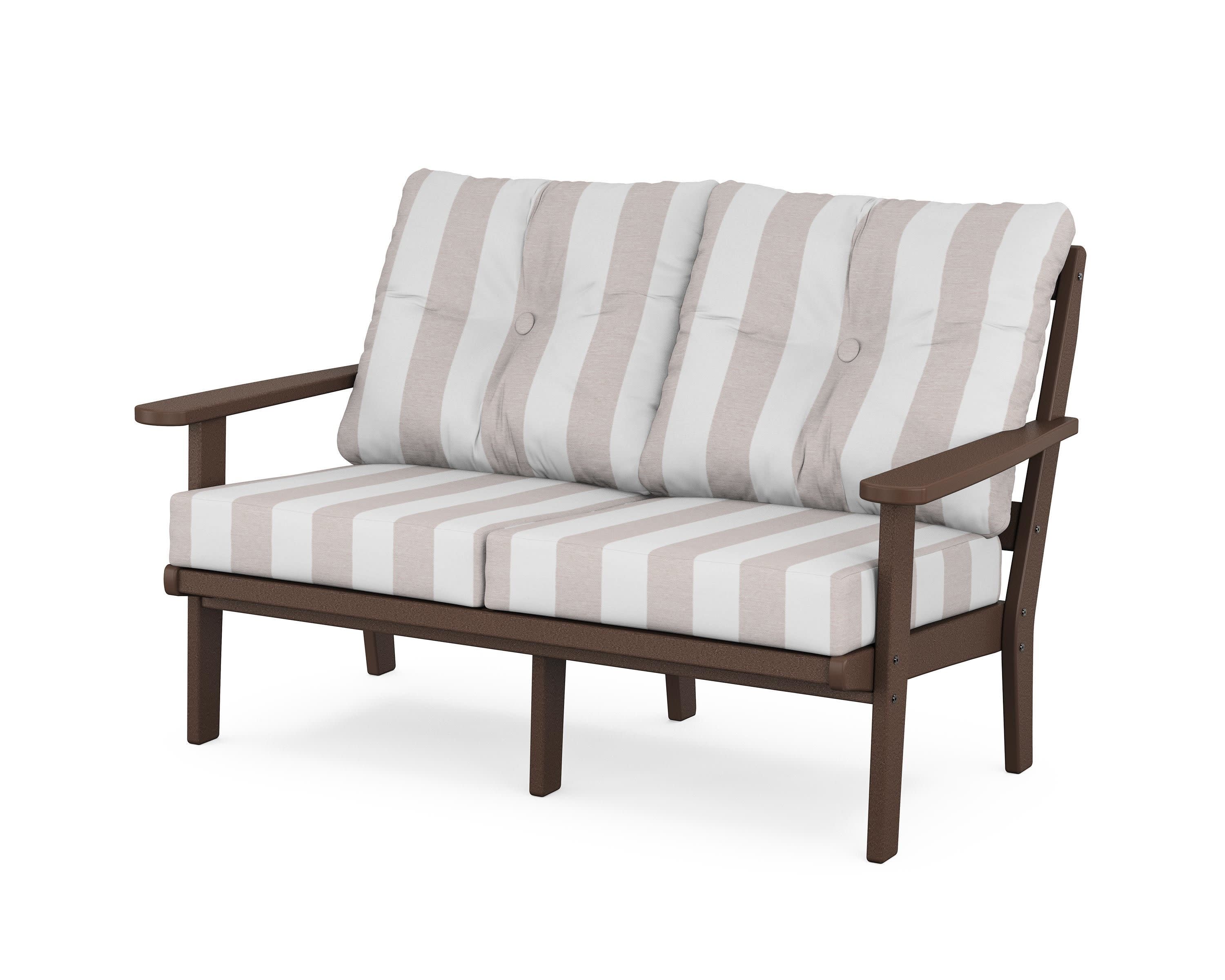 Mission Deep SeatingLoveseat in Mahogany / Cabana Stripe Dune Burlap