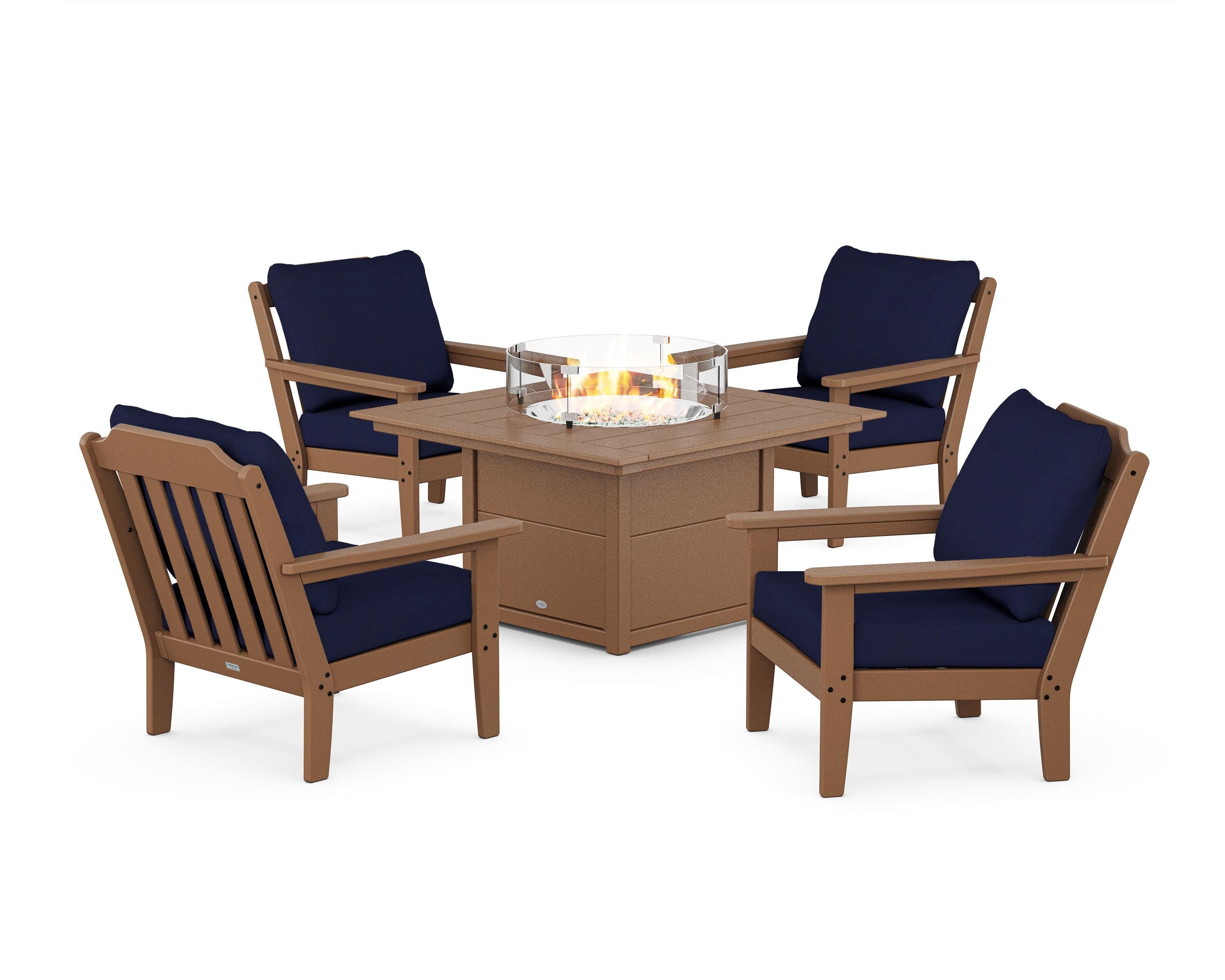 Cottage 5-Piece Deep Seating Set with Fire Pit Table in Teak / Navy