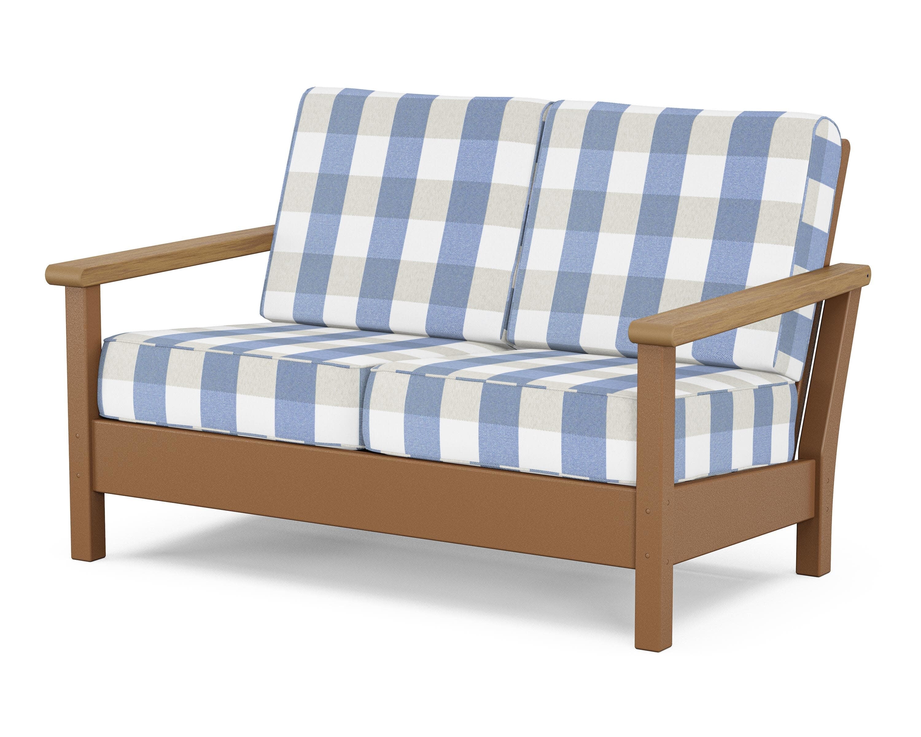 Harbour Deep Seating Loveseat in Teak / Natural / Buffalo Plaid Sky Blue