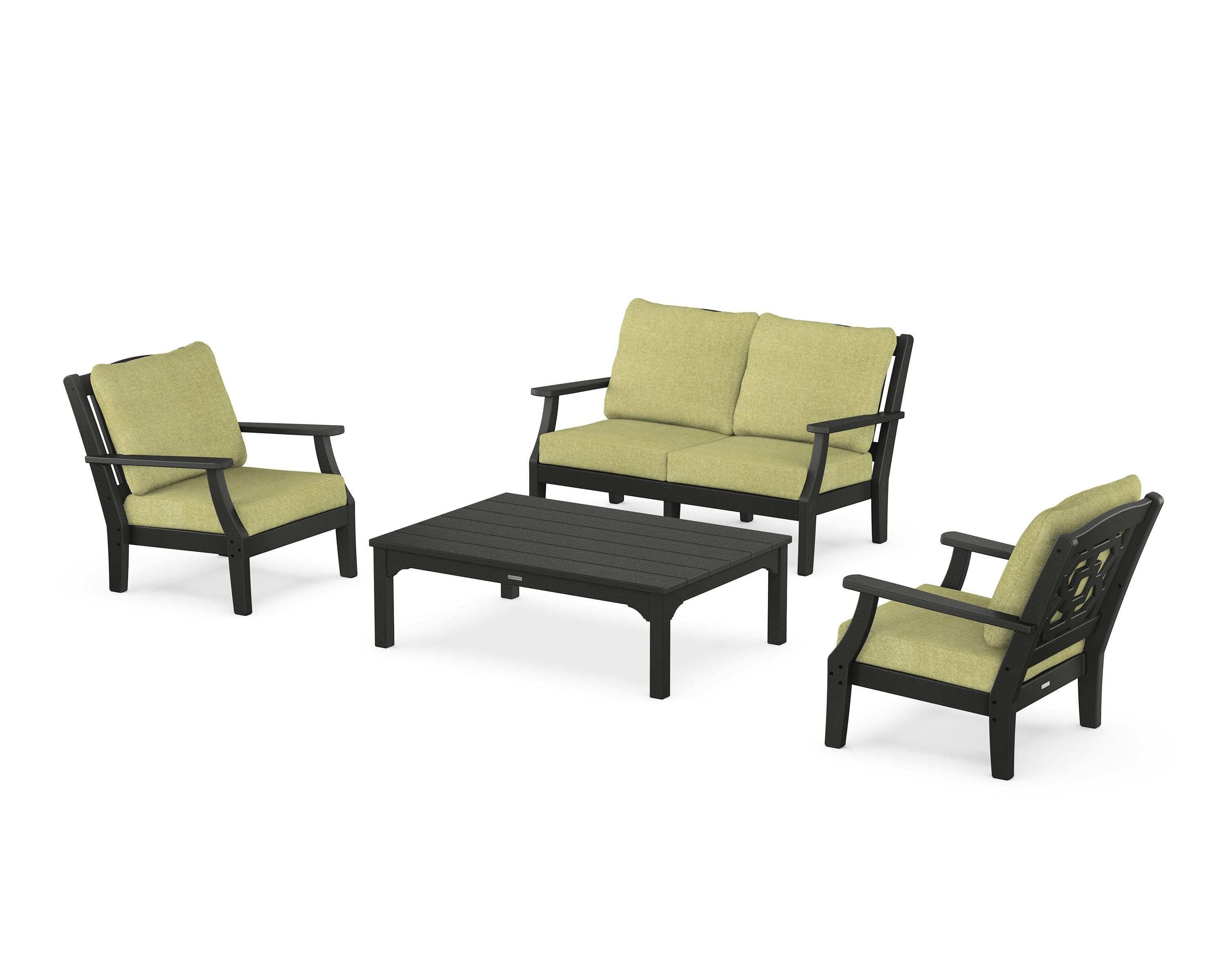 Chinoiserie 4-Piece Deep Seating Set with Loveseat in Black / Chartreuse Boucle