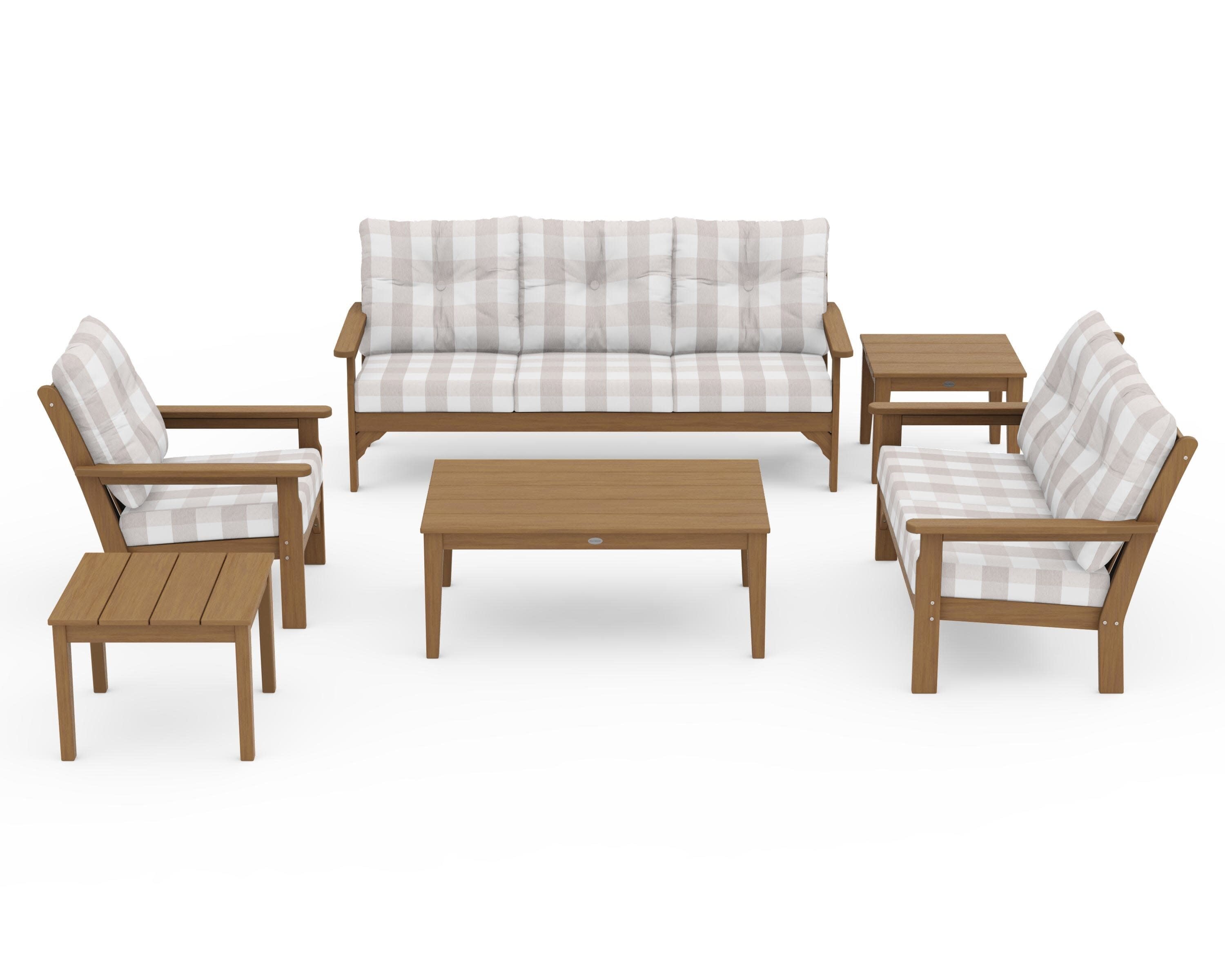 Vineyard 6-Piece Deep Seating Set in Natural / Buffalo Plaid Dune Burlap