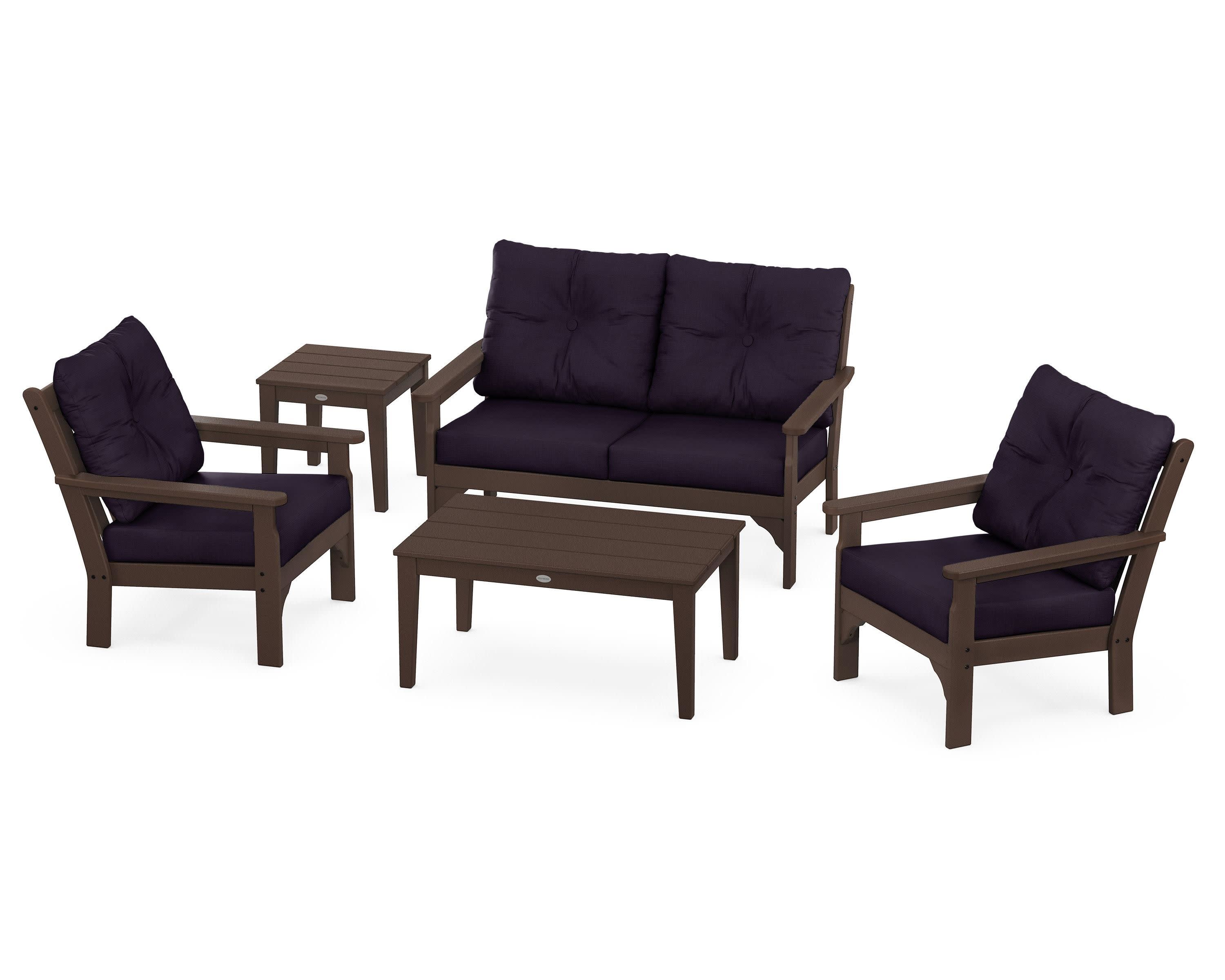 Vineyard 5-Piece Deep Seating Set in Mahogany / Navy Linen