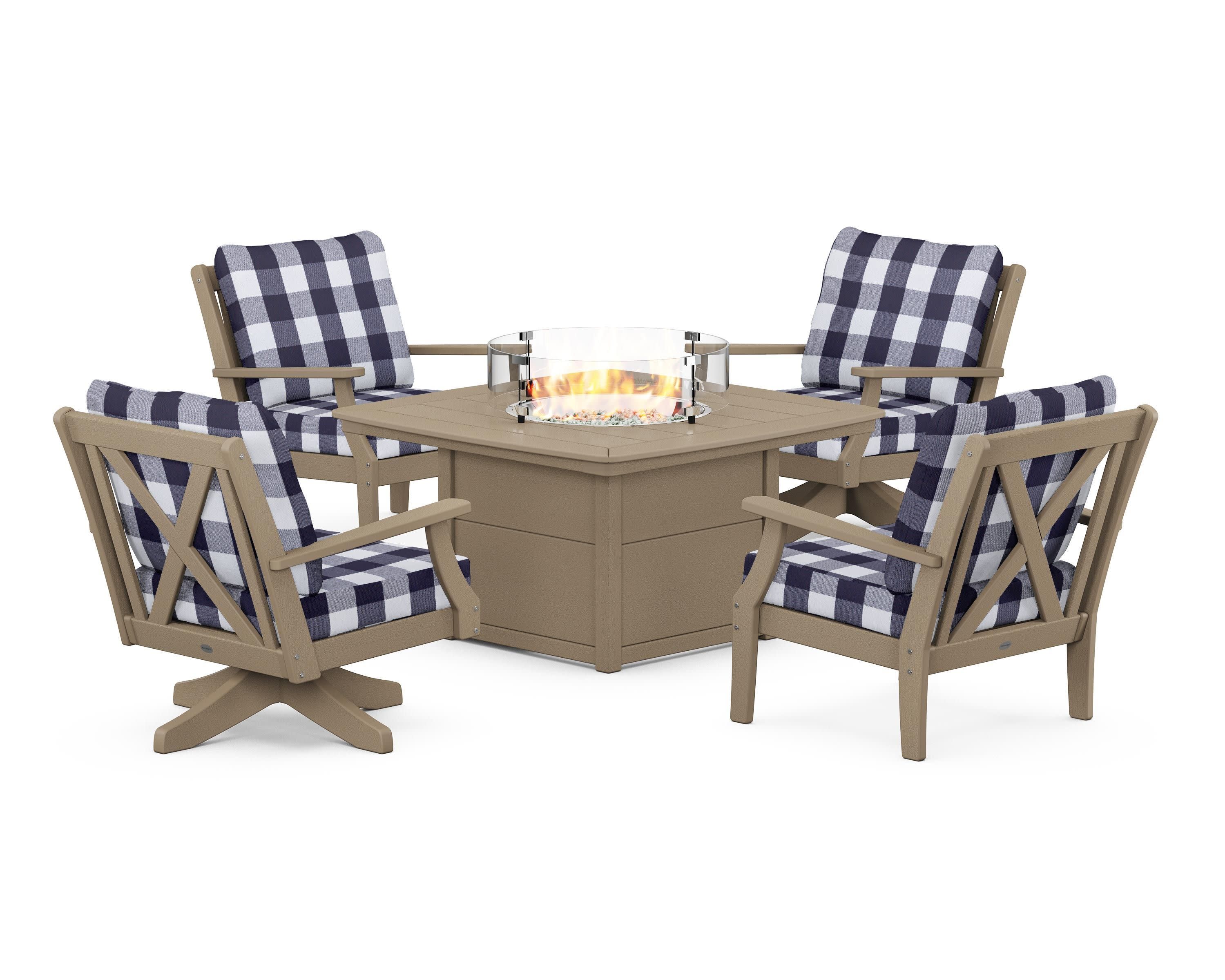 Braxton 5-Piece Deep Seating Set with Fire Table in Vintage Sahara / Buffalo Plaid Navy