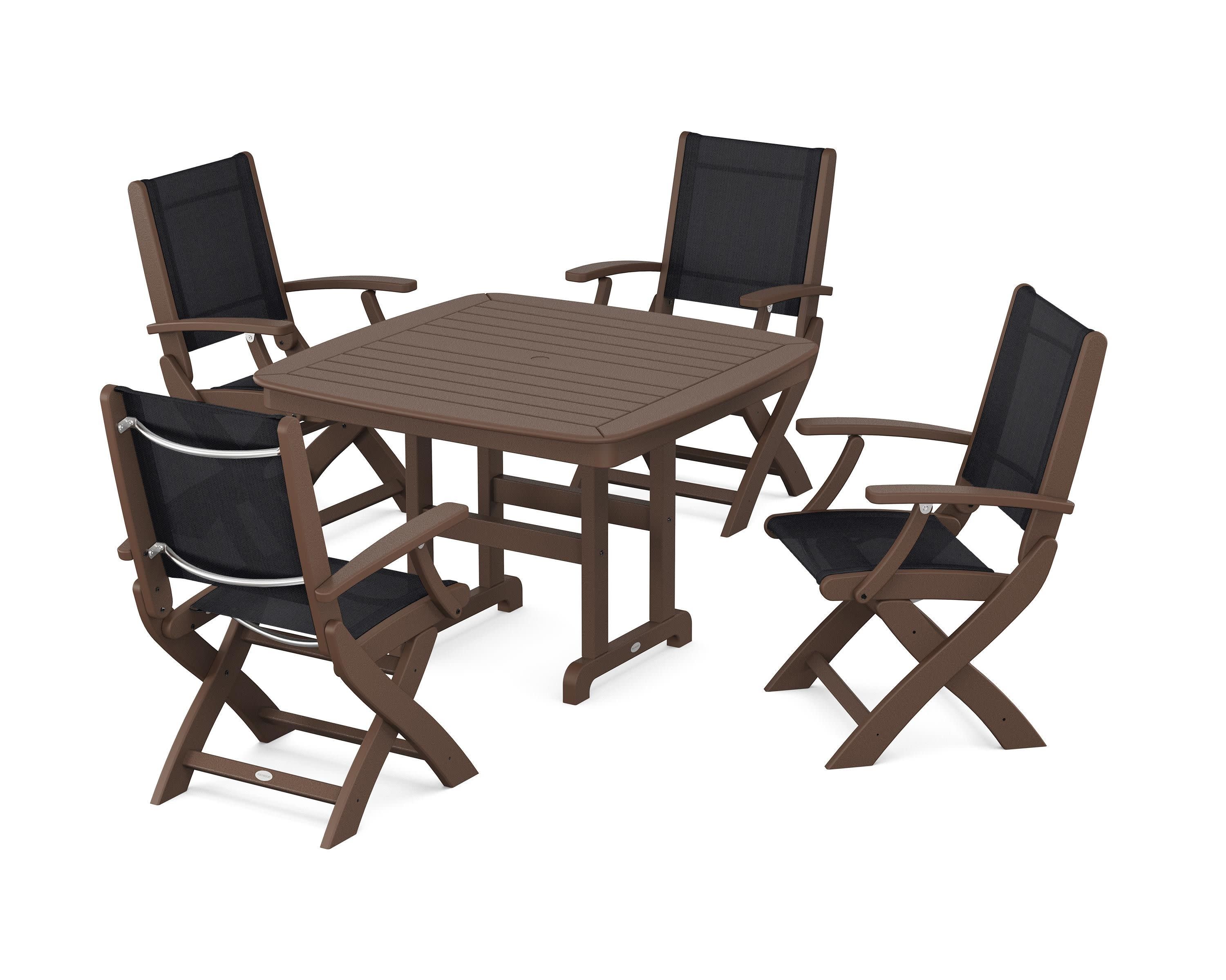Coastal Folding Chair 5-Piece Dining Set in Mahogany / Black Sling