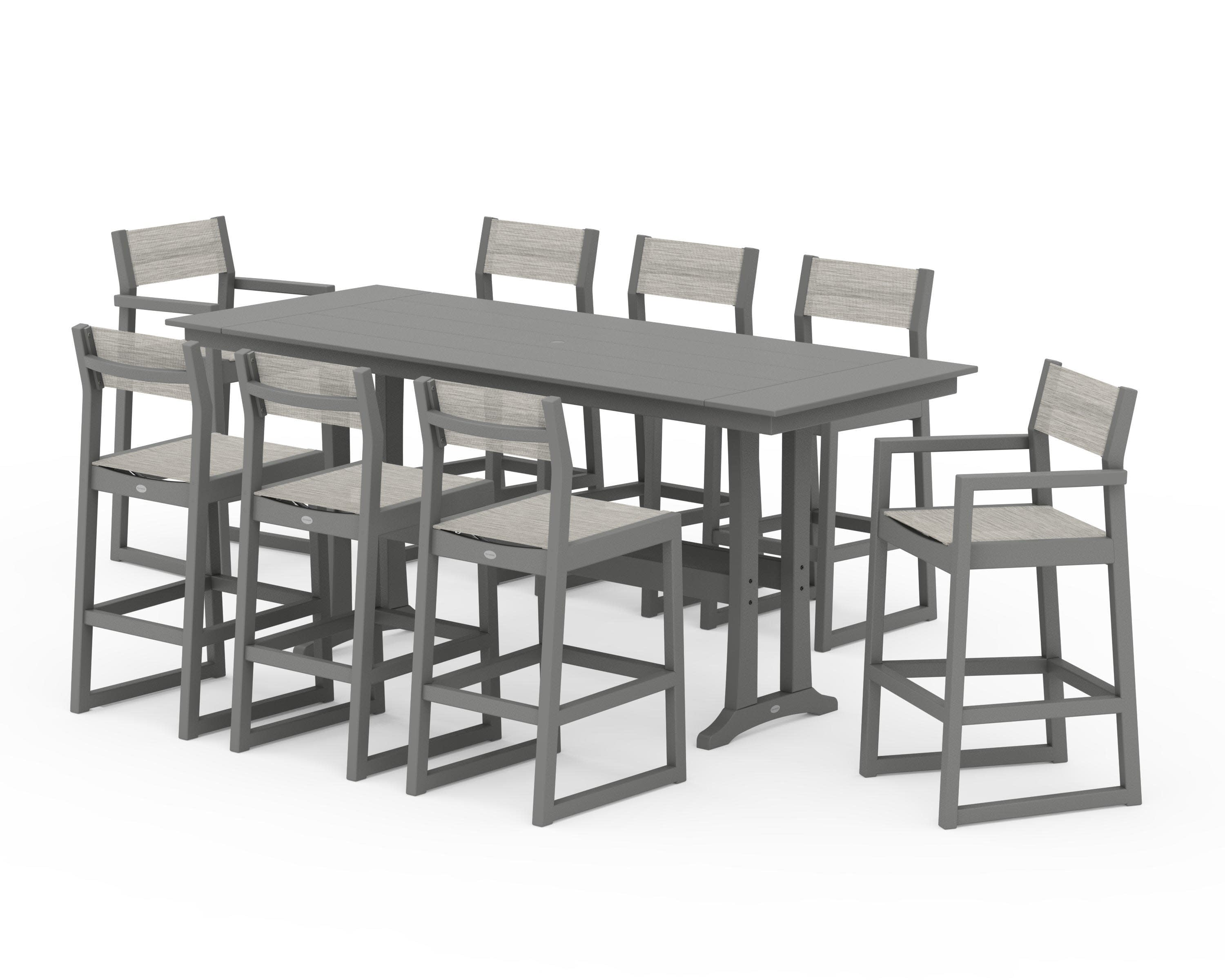 EDGE Sling 9-Piece Farmhouse Bar Set with Trestle Legs in Slate Grey / Birch Sling