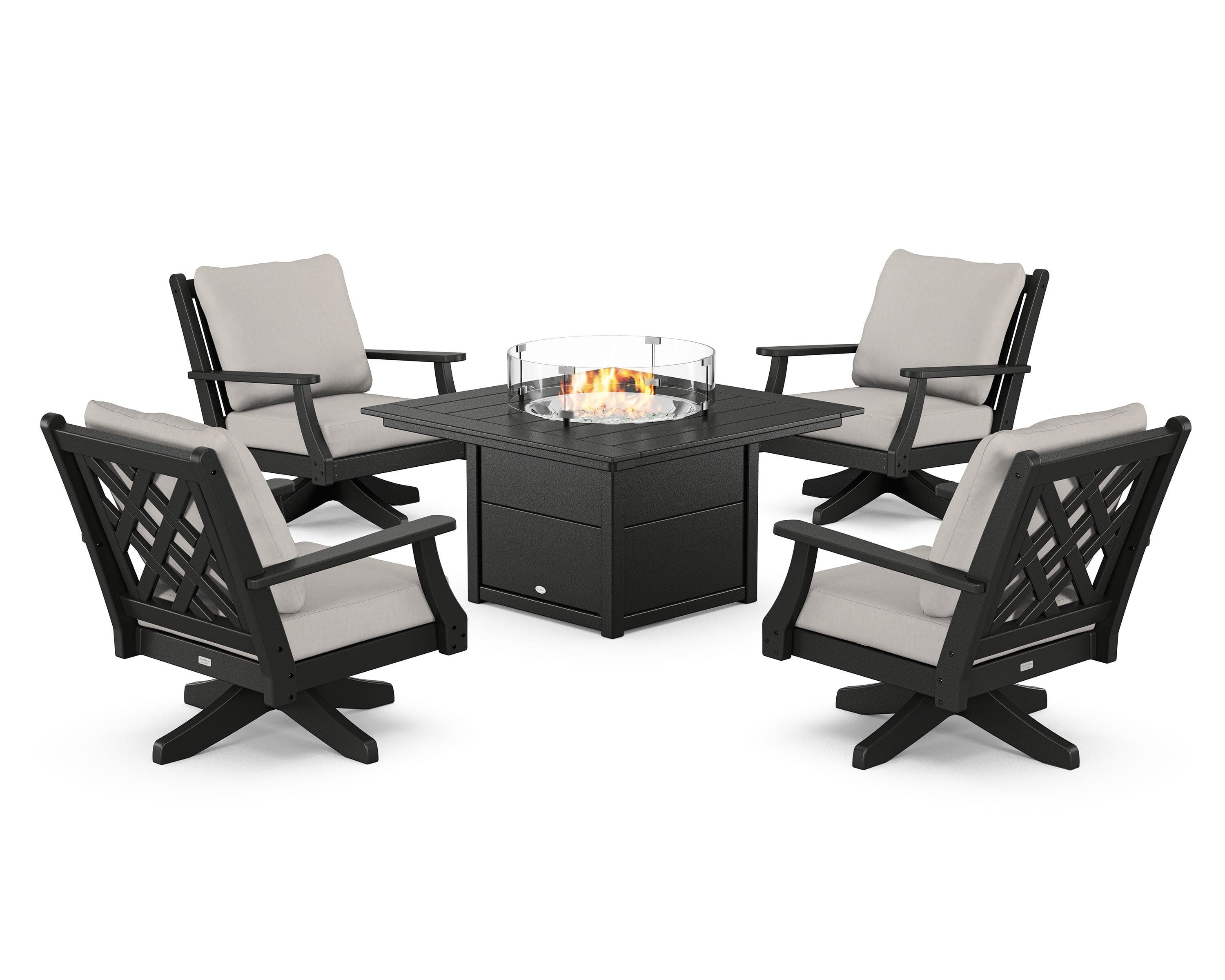 Wovendale 5-Piece Deep Seating Swivel Conversation Set with Fire Pit Table in Black / Cast Ash
