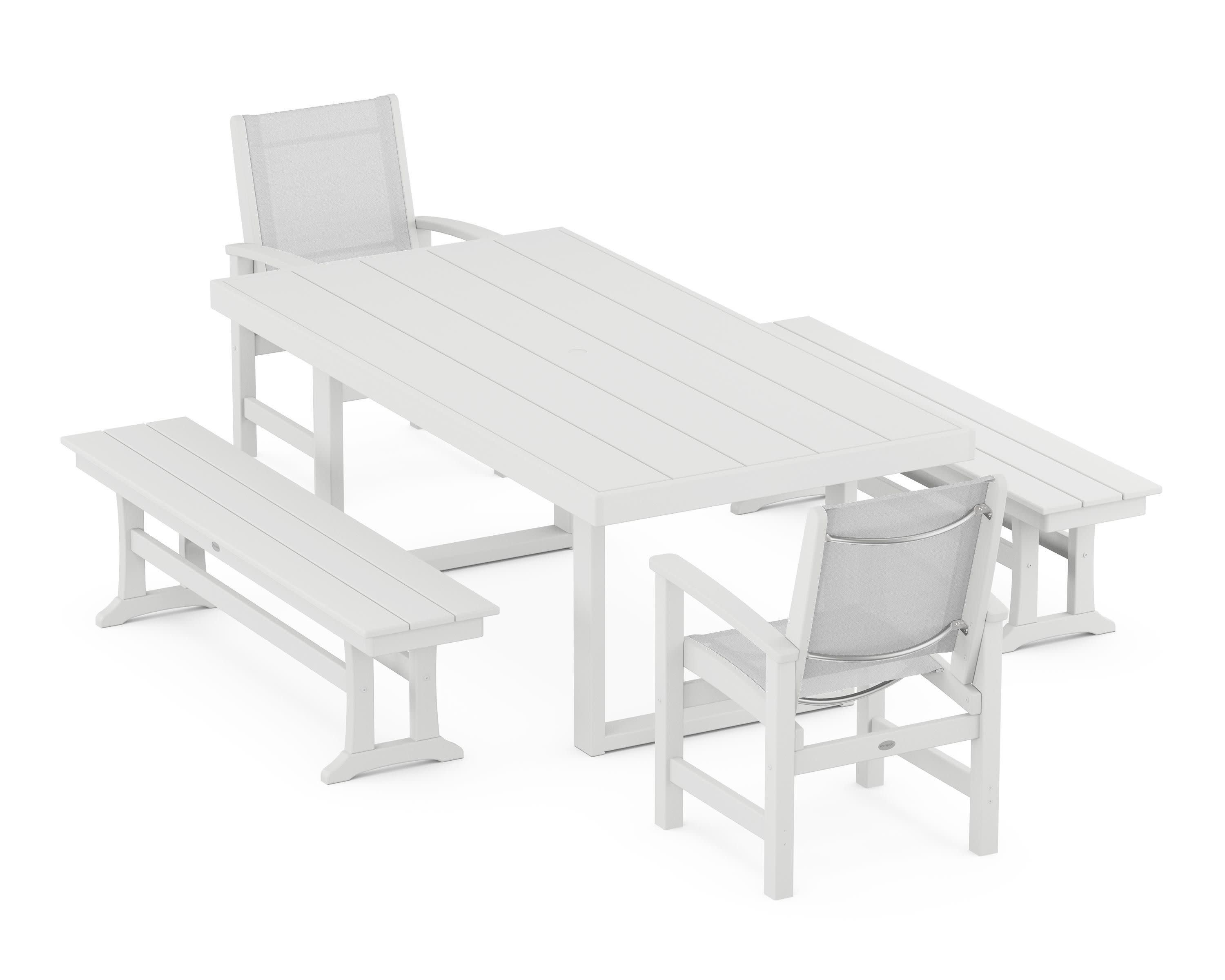Coastal 5-Piece Dining Set with Trestle Legs in White / White Sling