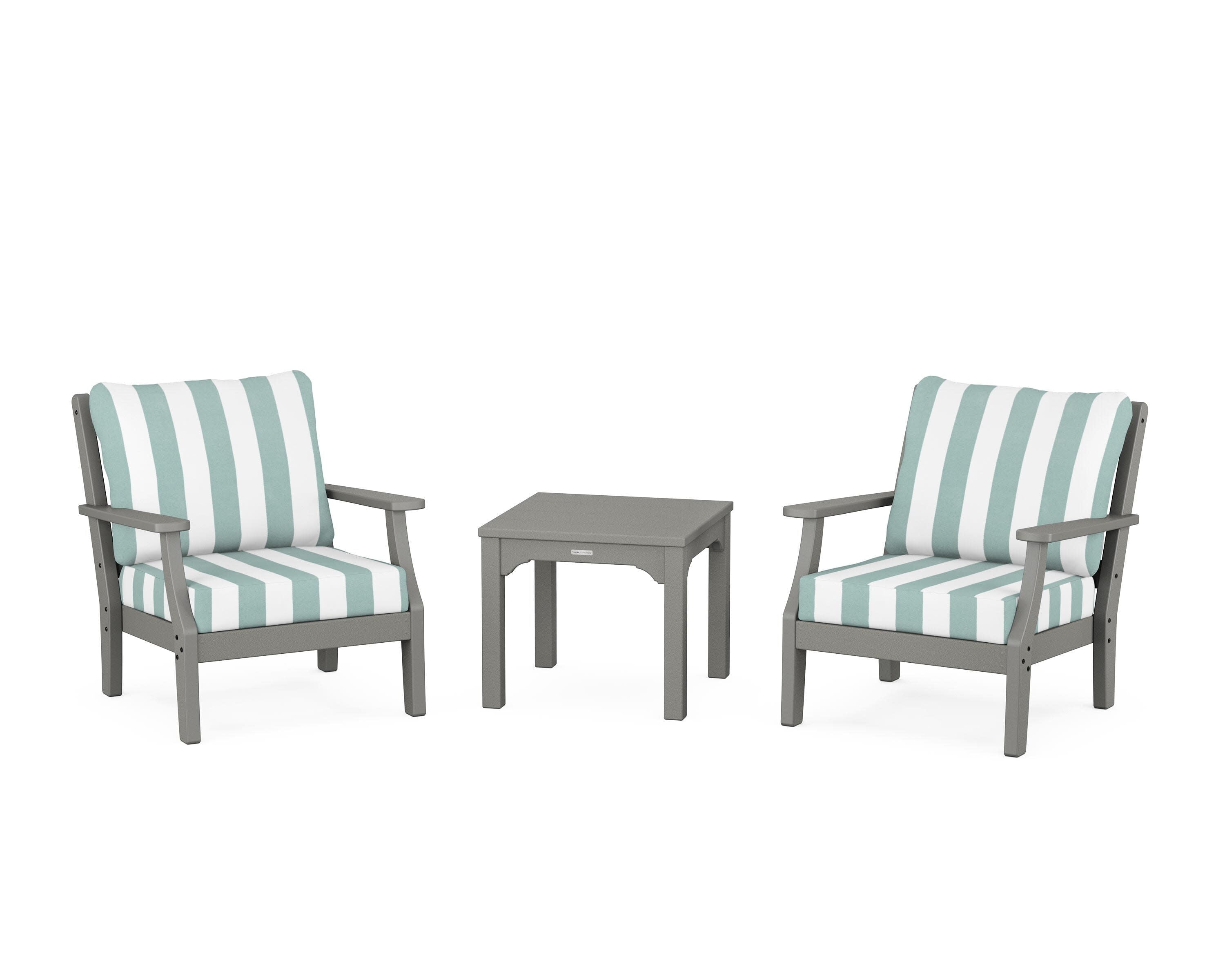 Chinoiserie 3-Piece Deep Seating Set in Slate Grey / Cabana Stripe Glacier Spa