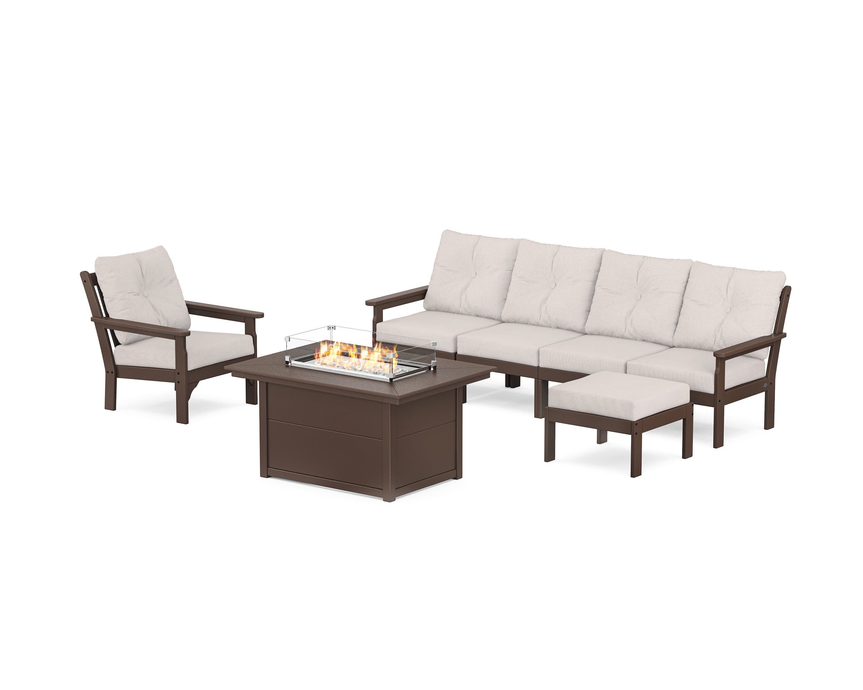 Vineyard Sectional Lounge and Fire Pit Set in Mahogany / Dune Burlap