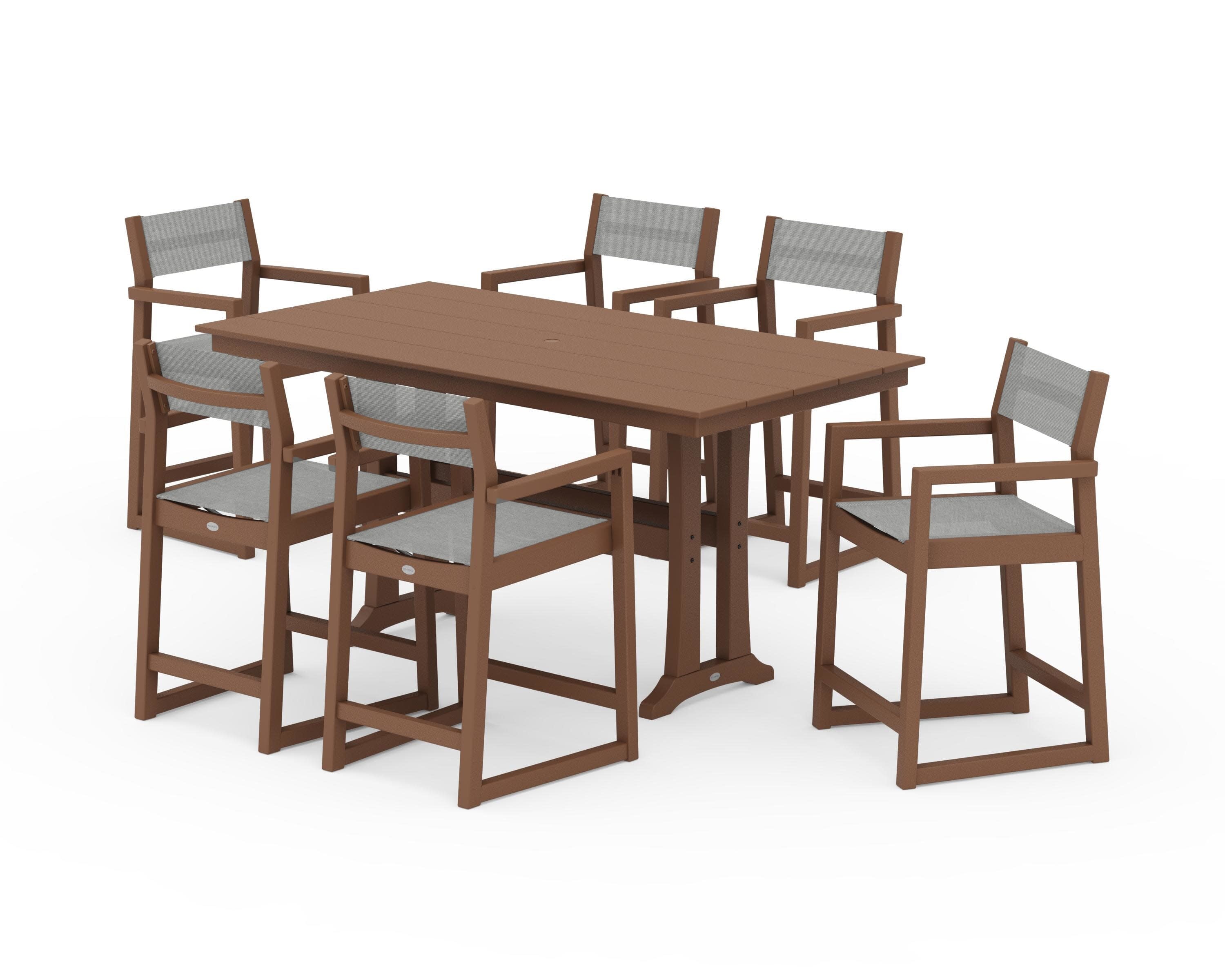 EDGE Sling Arm Chair 7-Piece Farmhouse Counter Set with Trestle Legs in Teak / Metallic Sling