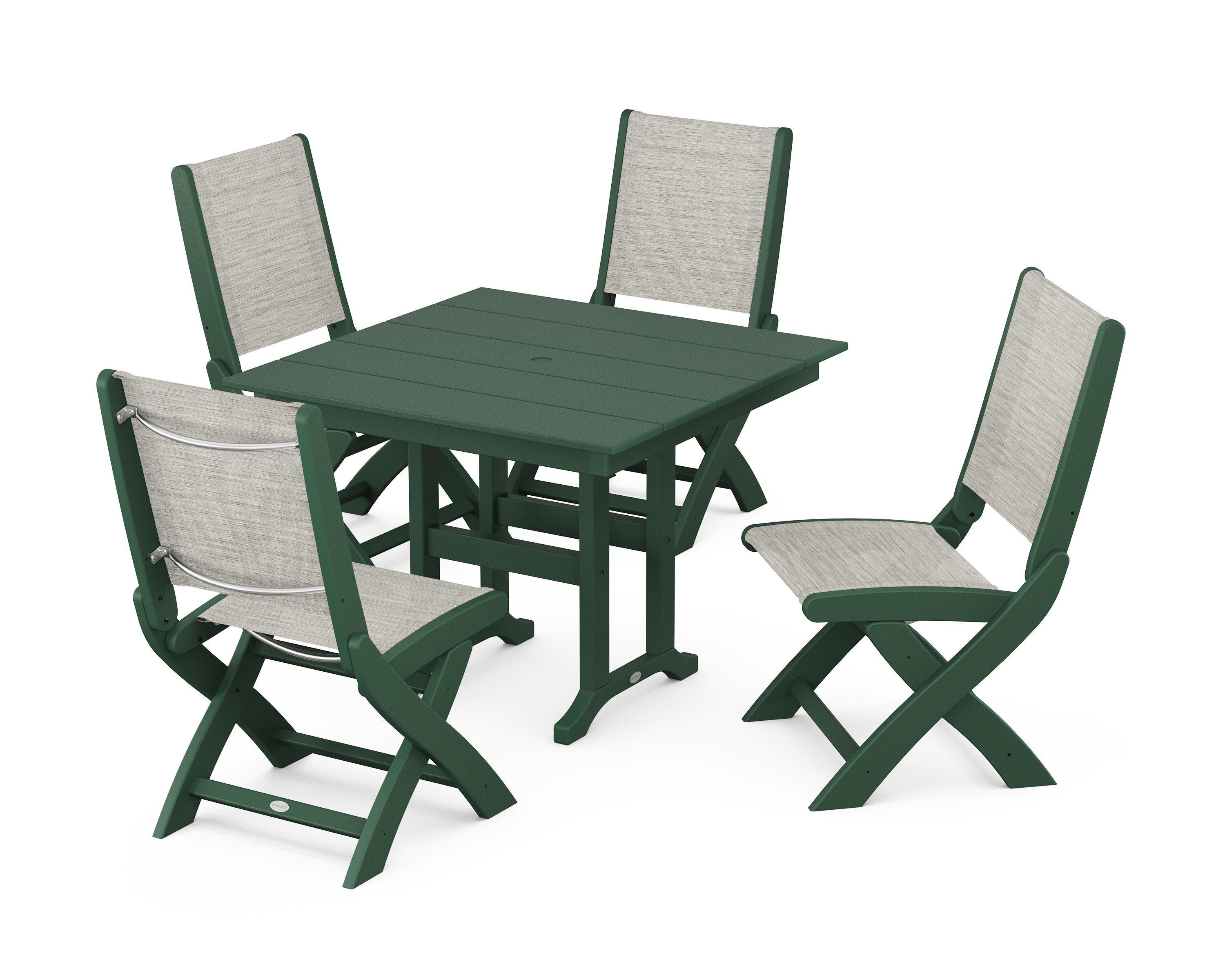 Coastal Folding Side Chair 5-Piece Farmhouse Dining Set in Green / Birch Sling