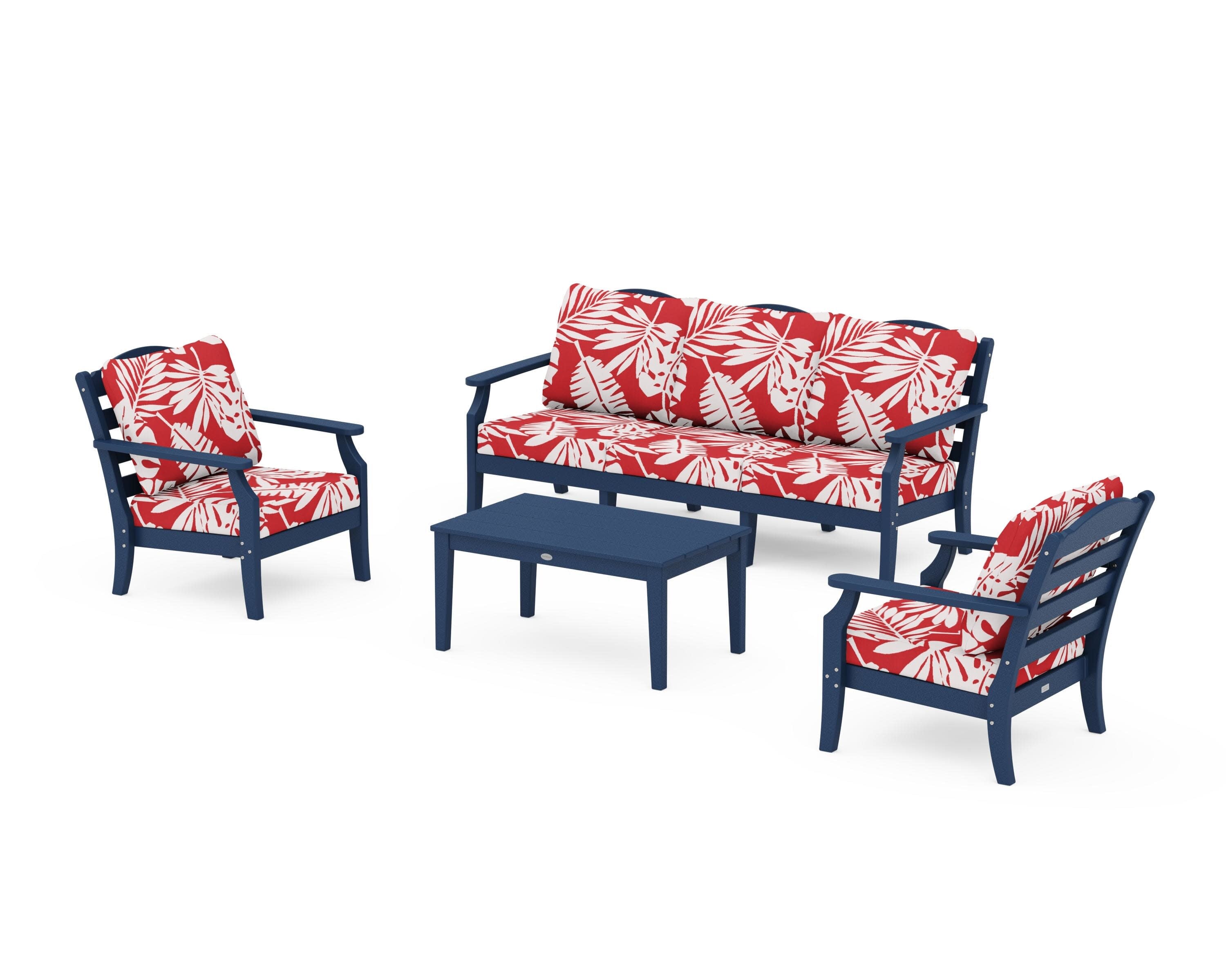 Savannah 4-Piece Deep Seating Set with Sofa in Navy / Leaf Crimson