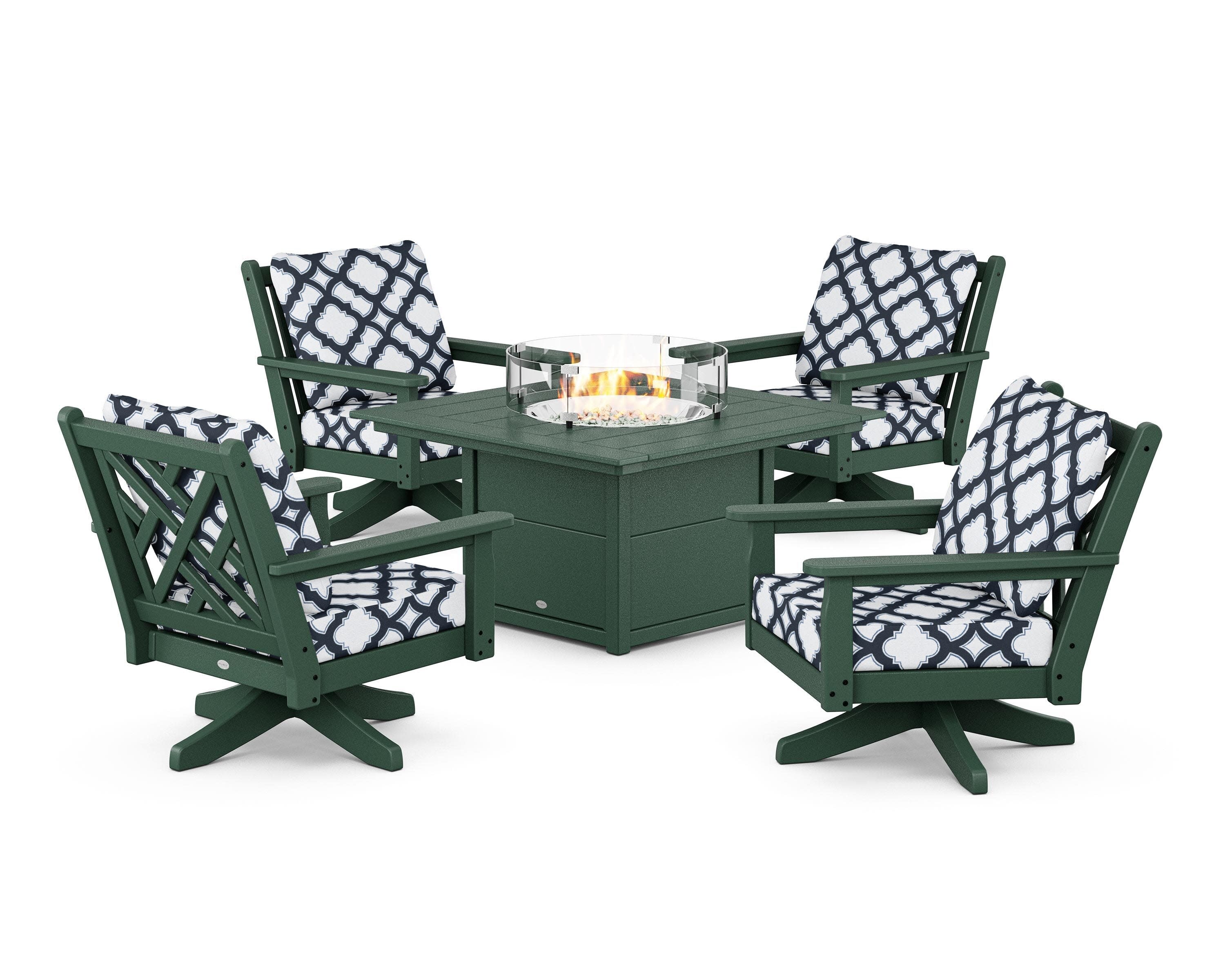 Chippendale 5-Piece Deep Seating Swivel Conversation Set with Fire Pit Table in Green / Trellis Marine Indigo