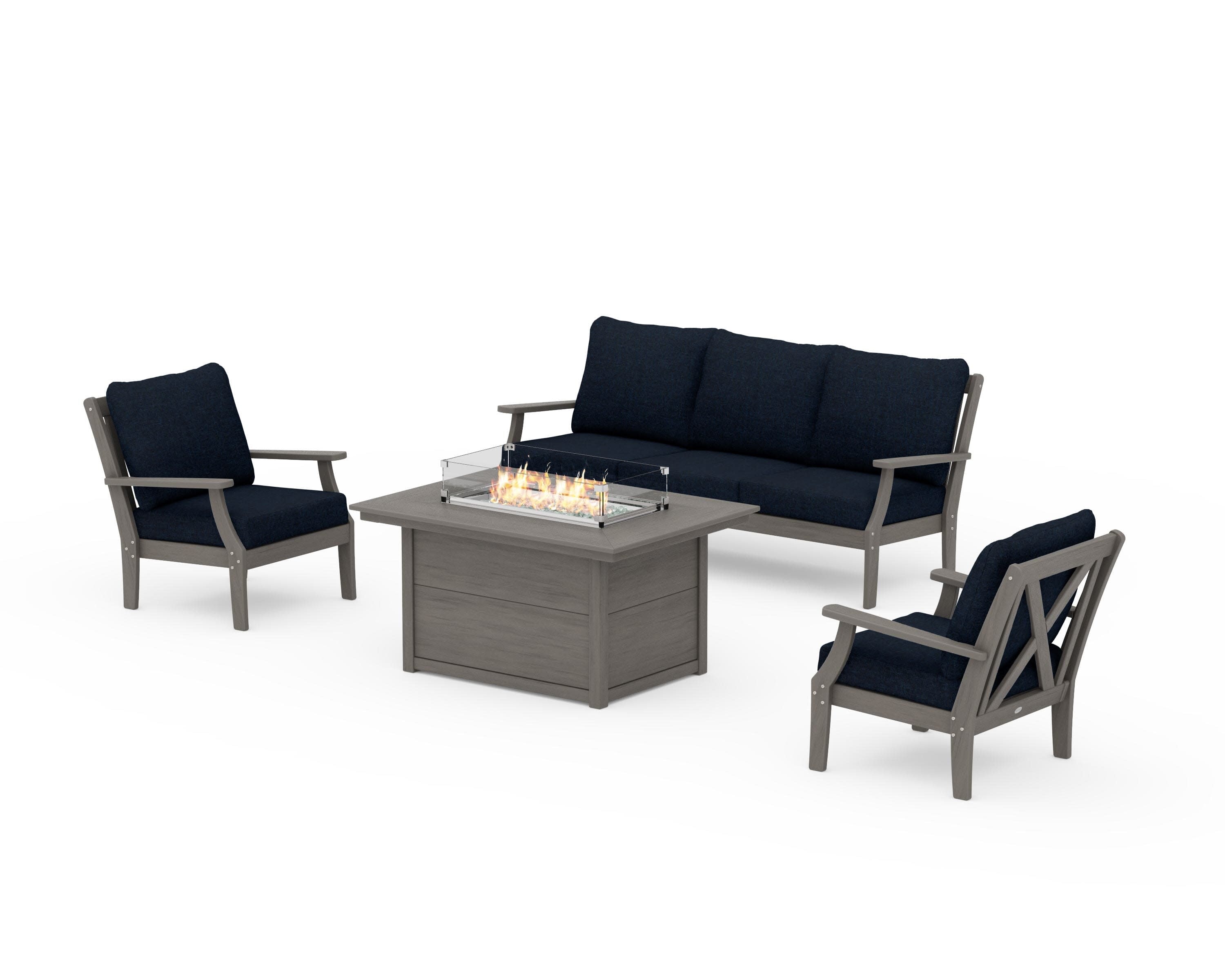 Braxton Deep Seating Fire Pit Table Set in Driftwood / Marine Indigo