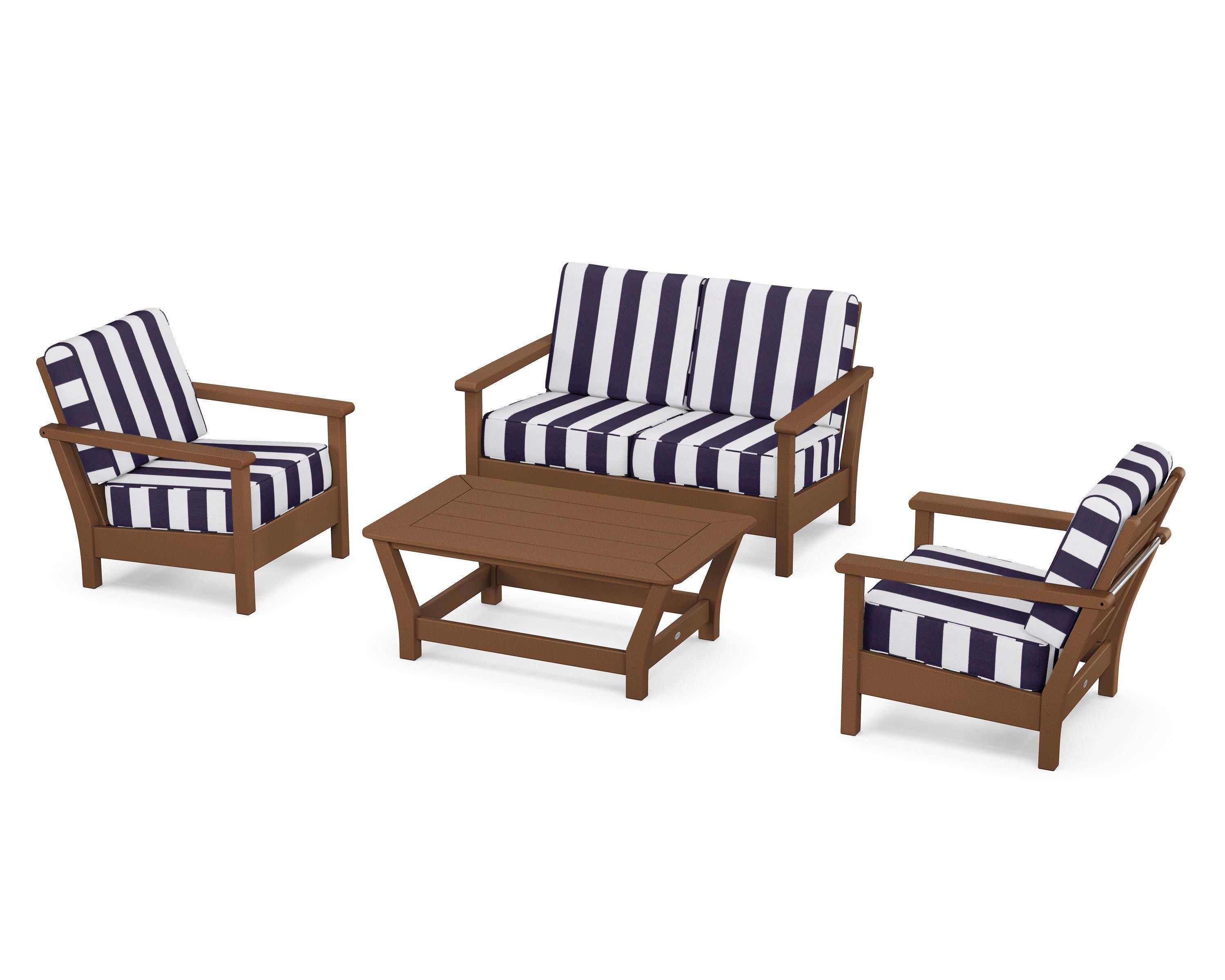 Harbour 4-Piece Deep Seating Set in Teak / Cabana Stripe Navy