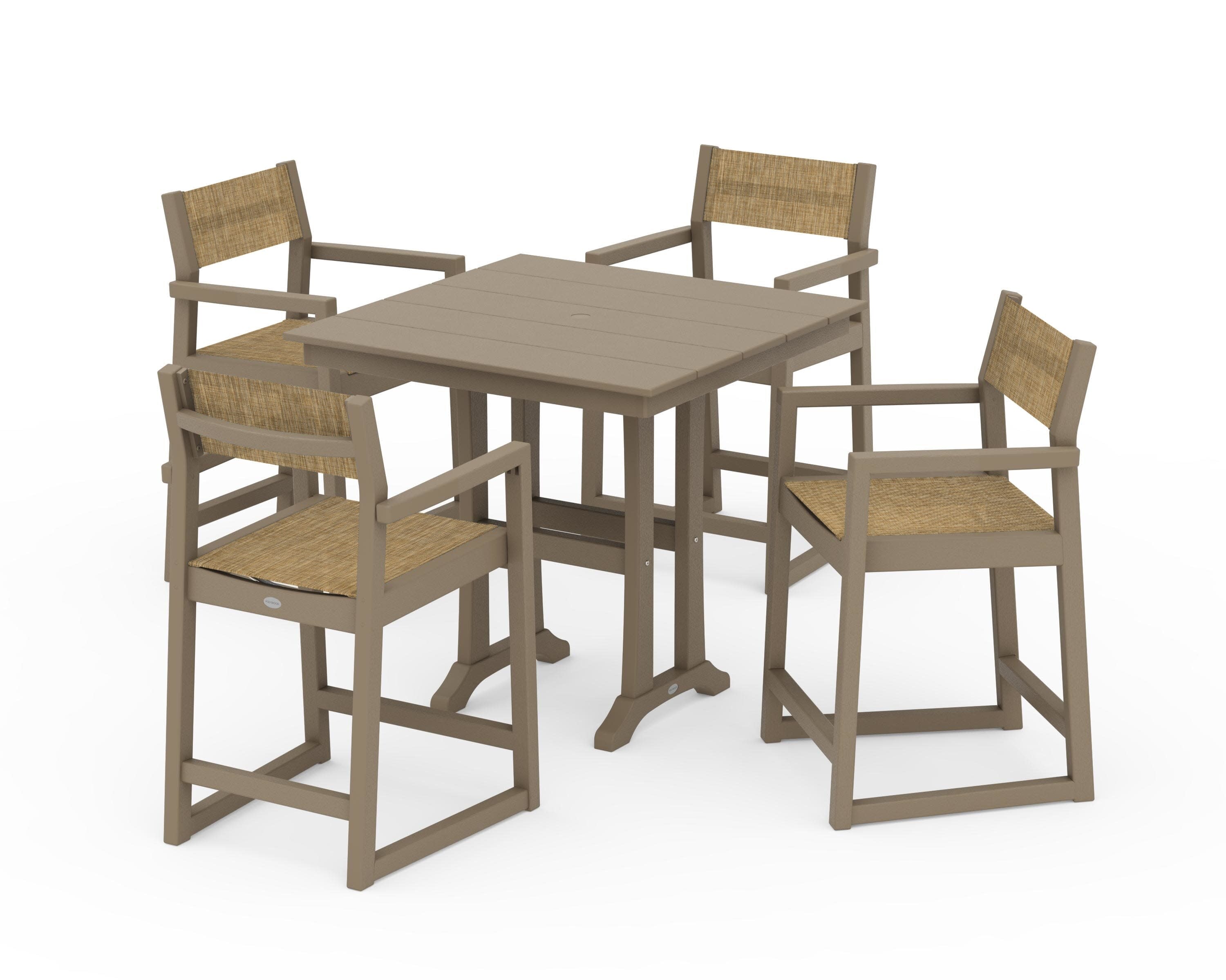 EDGE Sling Arm Chair 5-Piece Farmhouse Counter Set with Trestle Legs in Vintage Sahara / Burlap Sling
