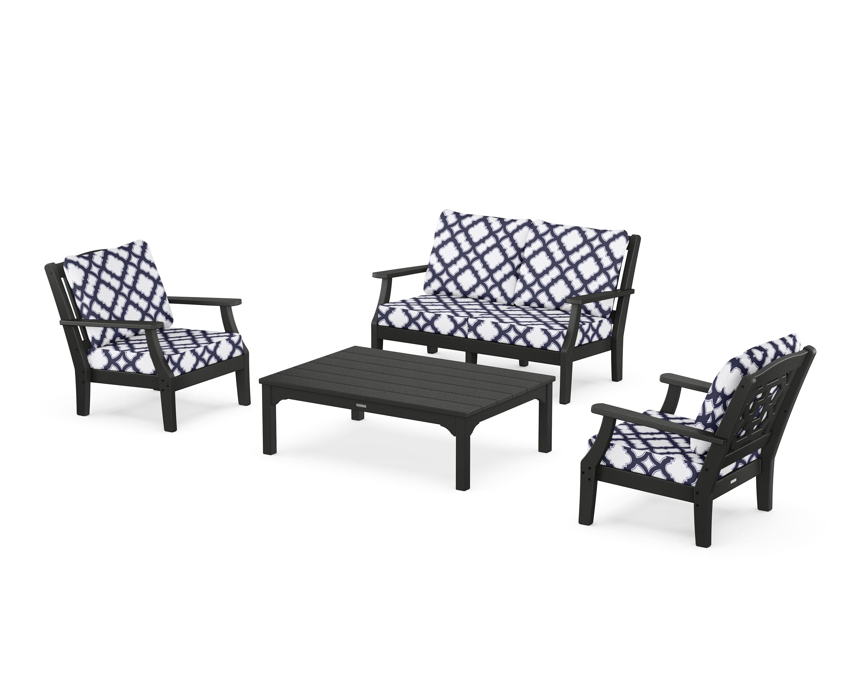 Chinoiserie 4-Piece Deep Seating Set with Loveseat in Black / Trellis Navy