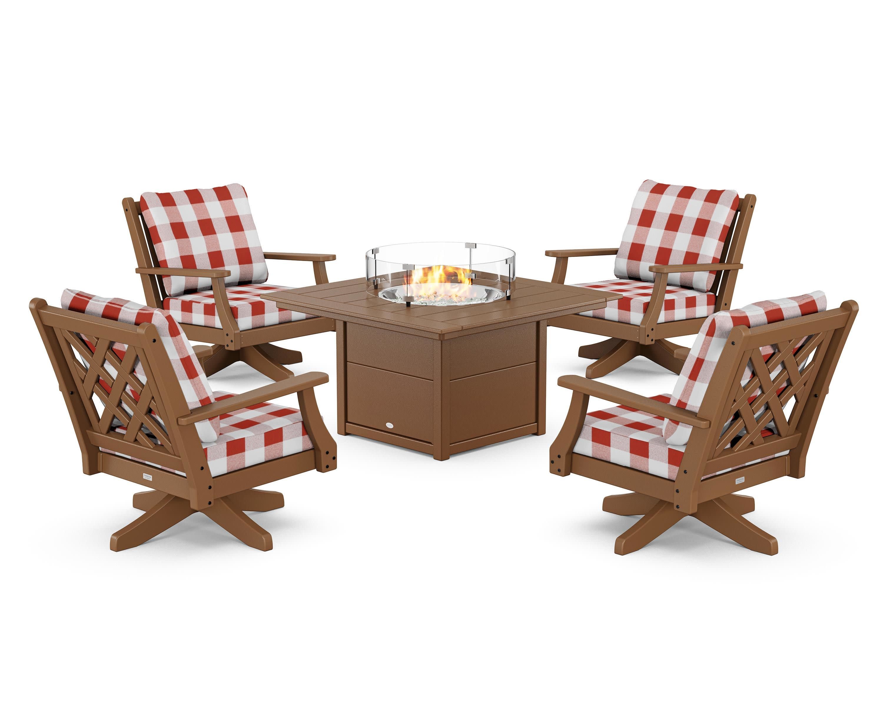 Wovendale 5-Piece Deep Seating Swivel Conversation Set with Fire Pit Table in Teak / Buffalo Plaid Crimson