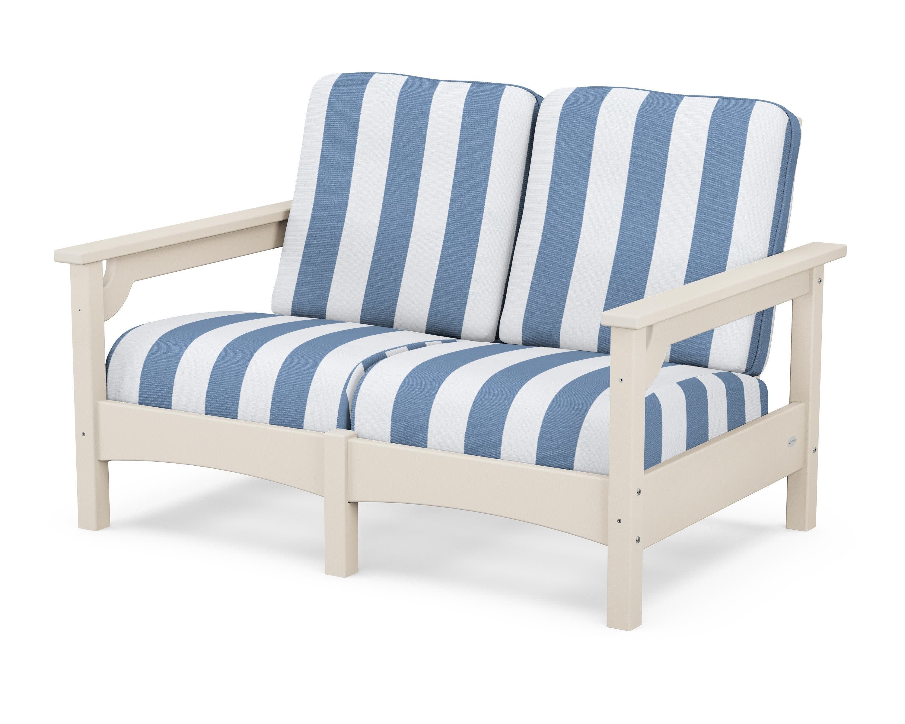 Club Loveseat in Sand / Cabana Stripe Sky Blue