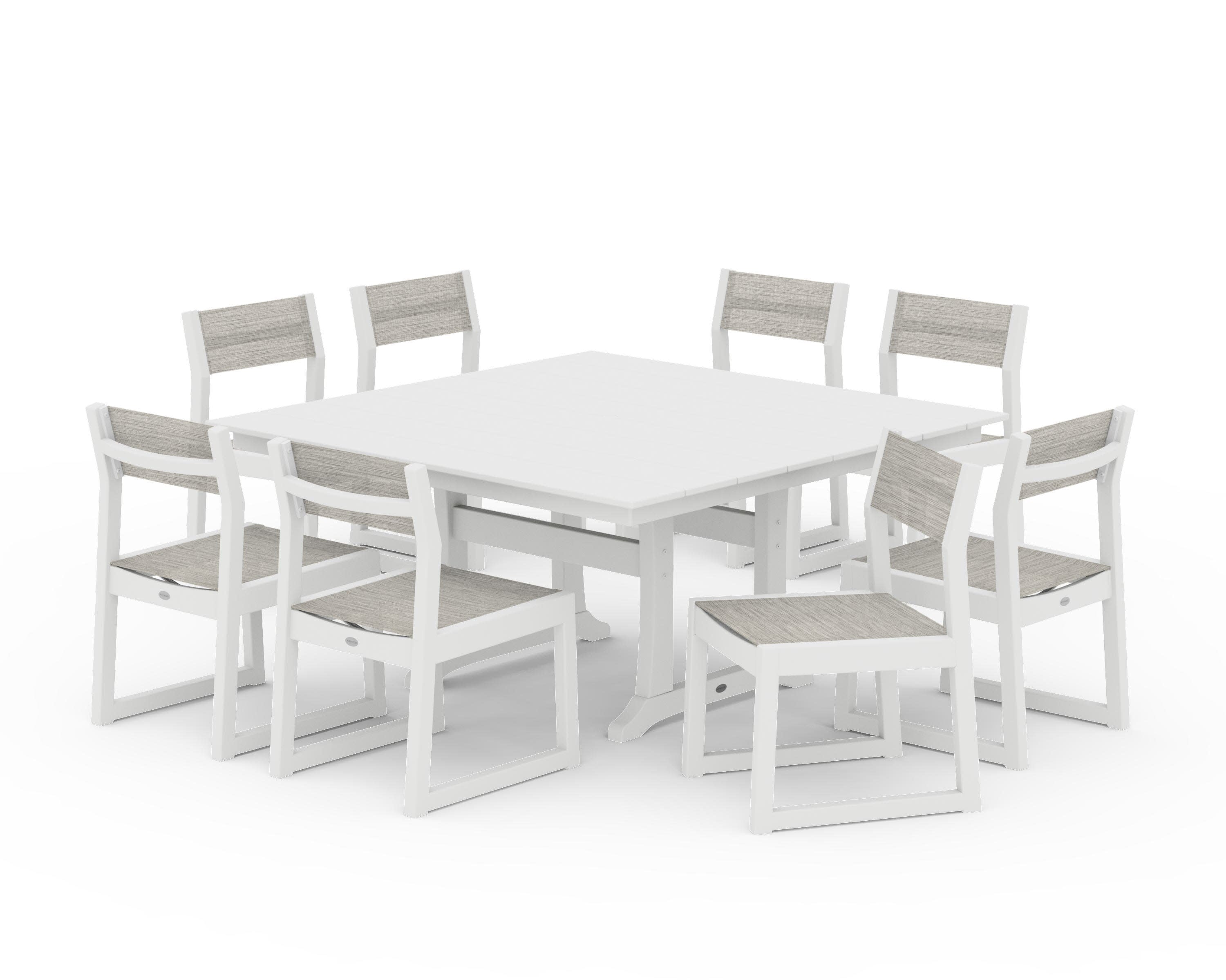 EDGE Sling Side Chair 9-Piece Farmhouse Trestle Dining Set in White / Birch Sling