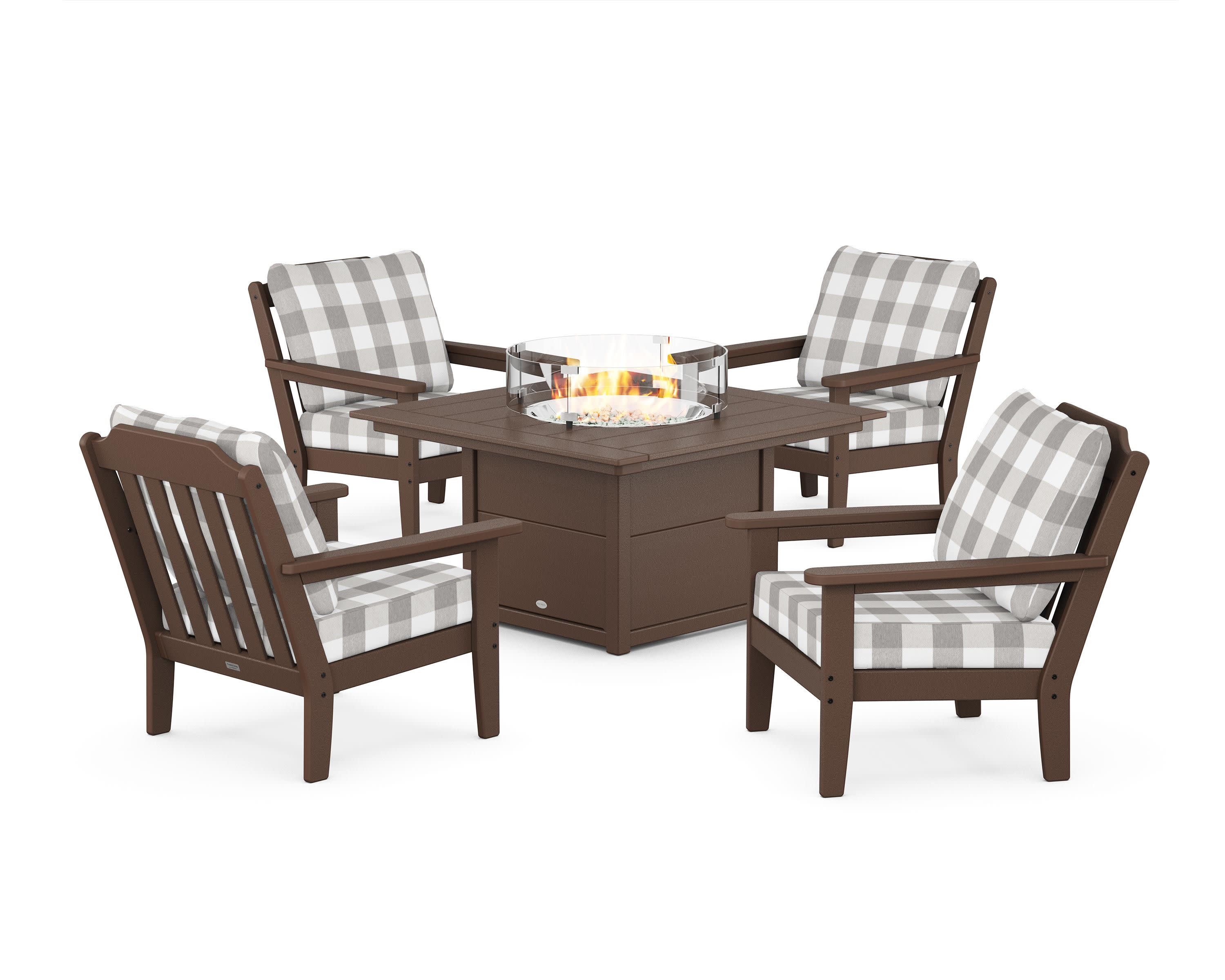 Cottage 5-Piece Deep Seating Set with Fire Pit Table in Mahogany / Buffalo Plaid Grey Mist