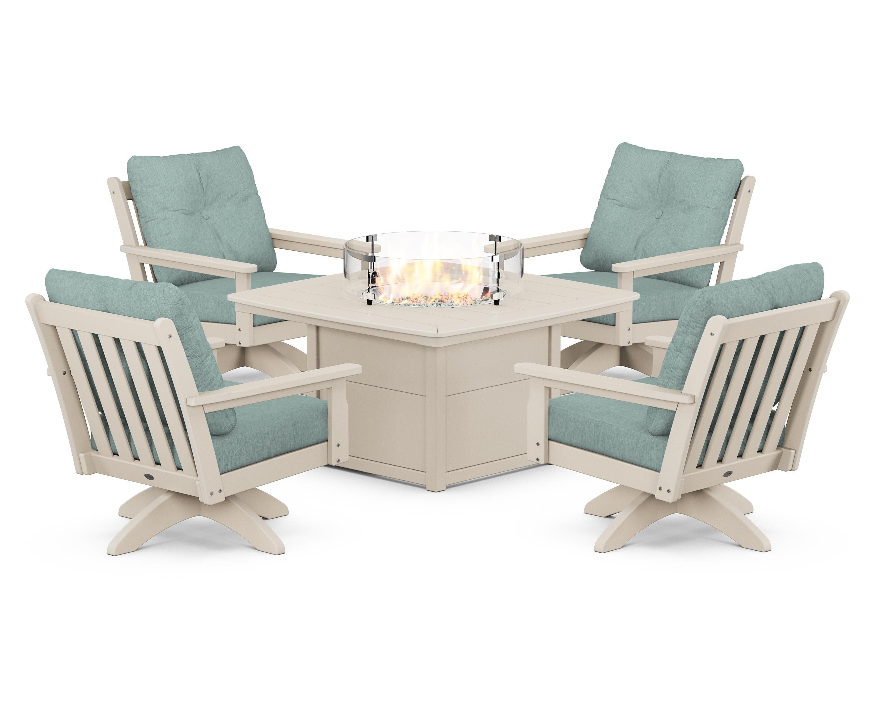 Vineyard 5-Piece Deep Seating Swivel Conversation Set with Fire Pit Table in Sand / Glacier Spa