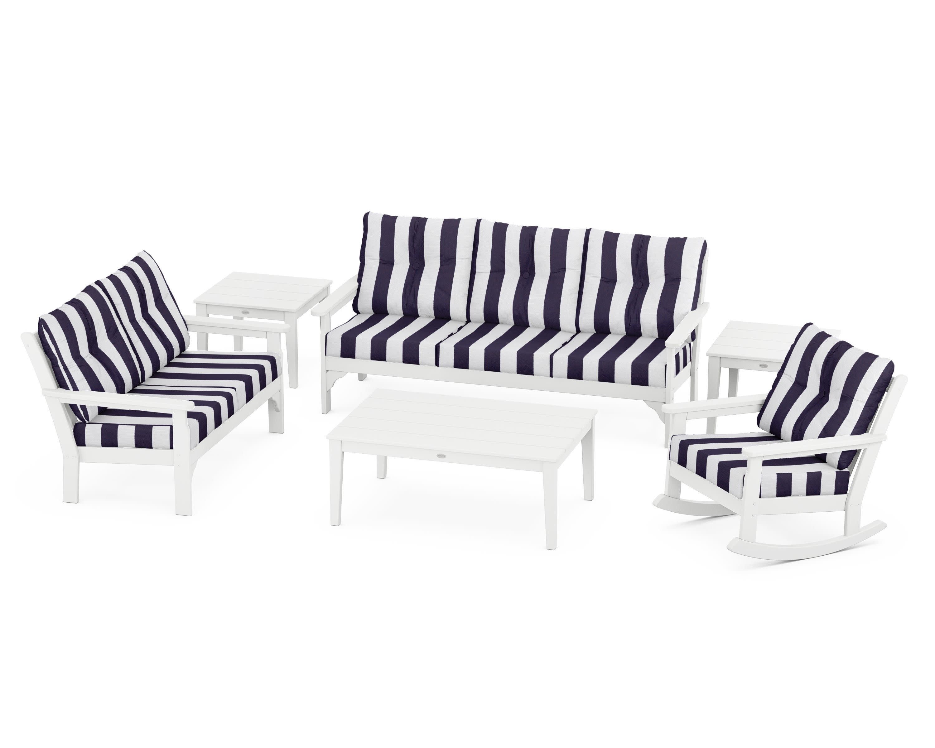 Vineyard 6-Piece Deep Seating Set in White / Cabana Stripe Navy