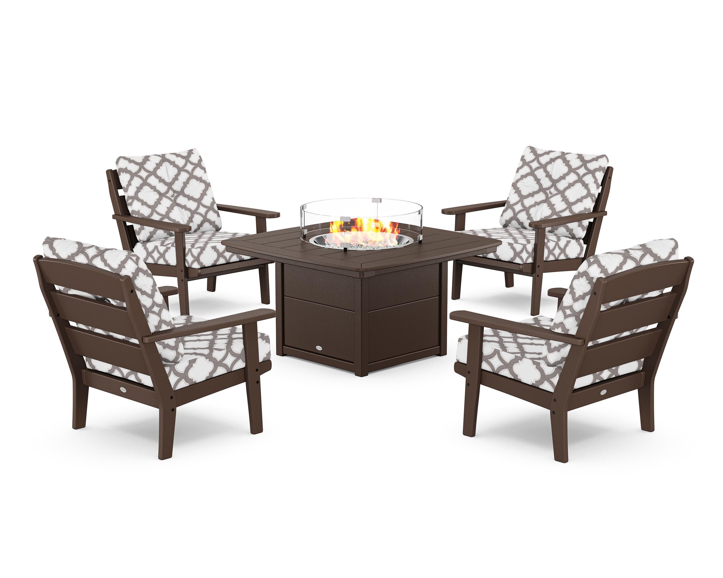 Lakeside 5-Piece Deep Seating Set with Nautical Fire Pit Table in Mahogany / Trellis Grey Mist