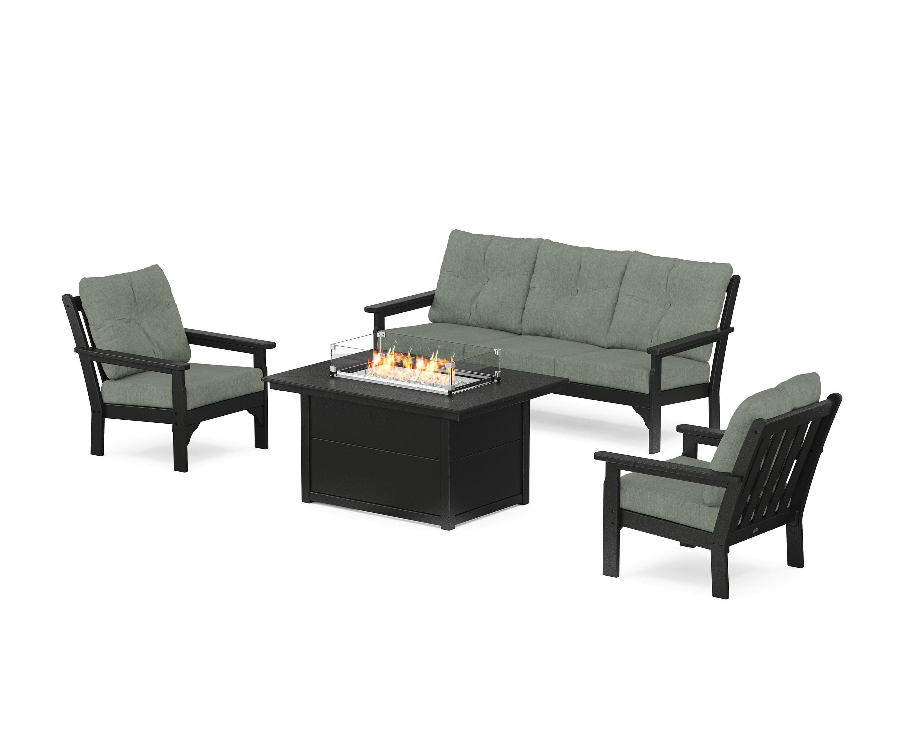 Vineyard Deep Seating Fire Pit Table Set in Black / Cast Sage