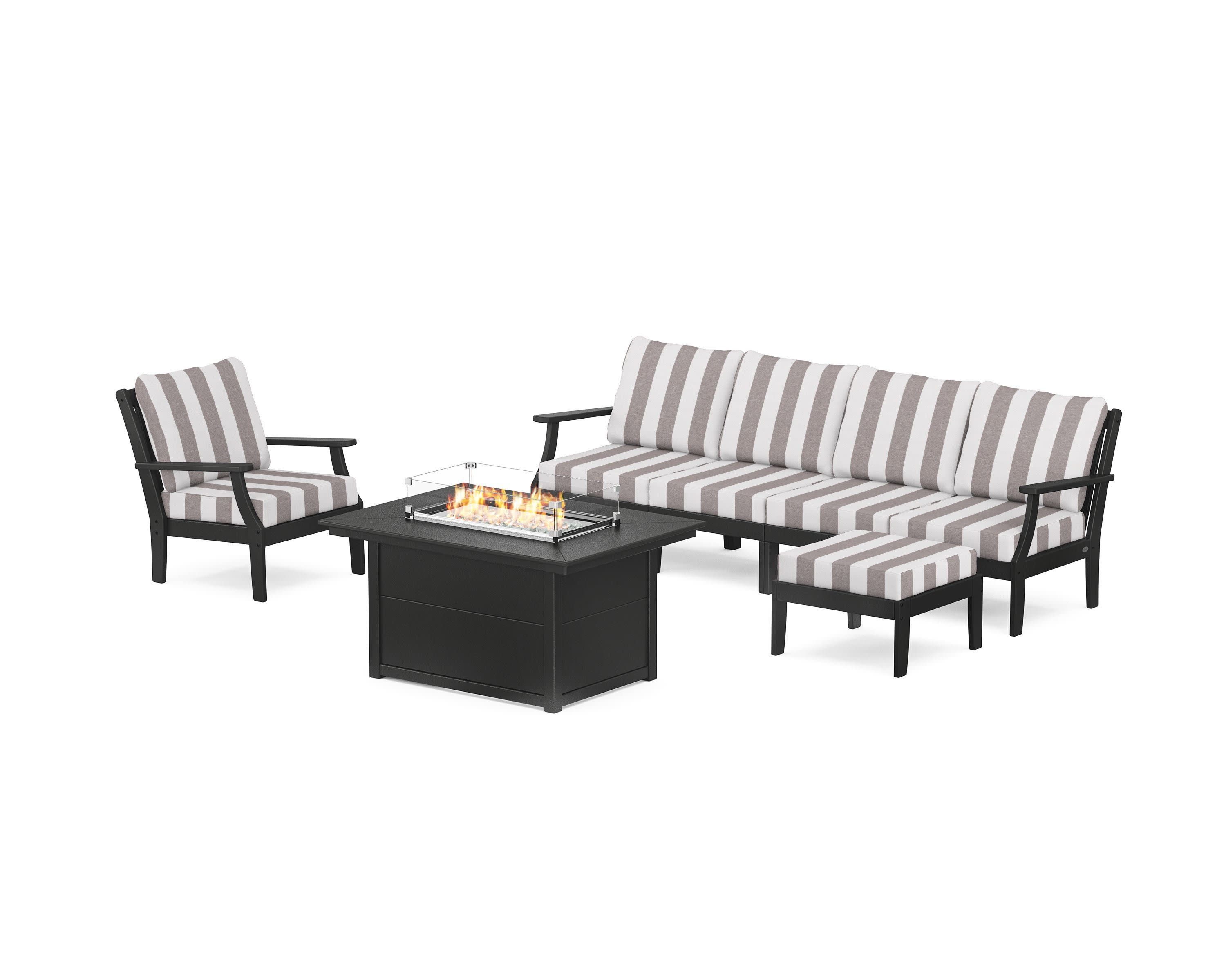 Braxton Sectional Lounge and Fire Pit Set in Black / Cabana Stripe Grey Mist