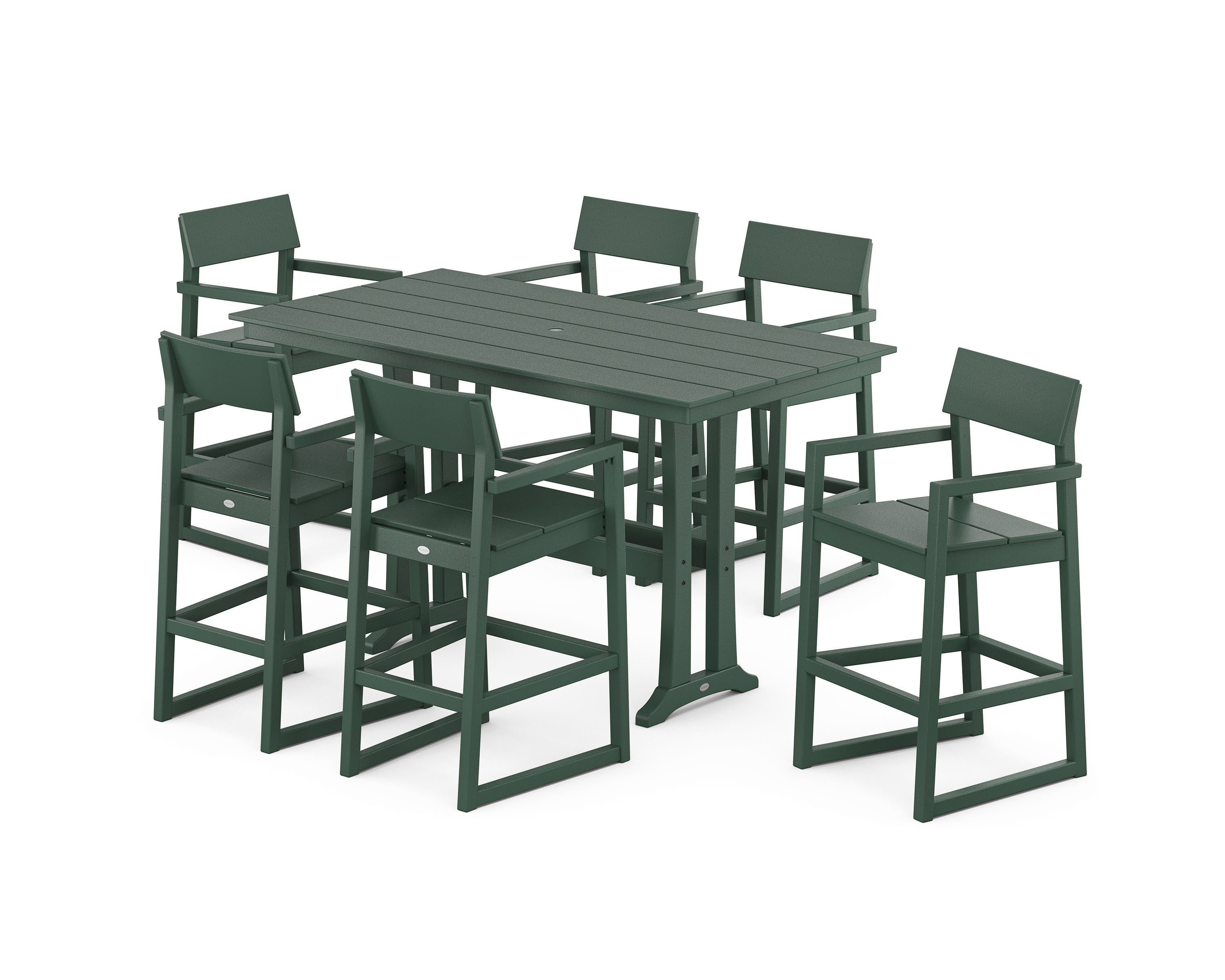 EDGE Arm Chair 7-Piece Farmhouse Bar Set with Trestle Legs in Green