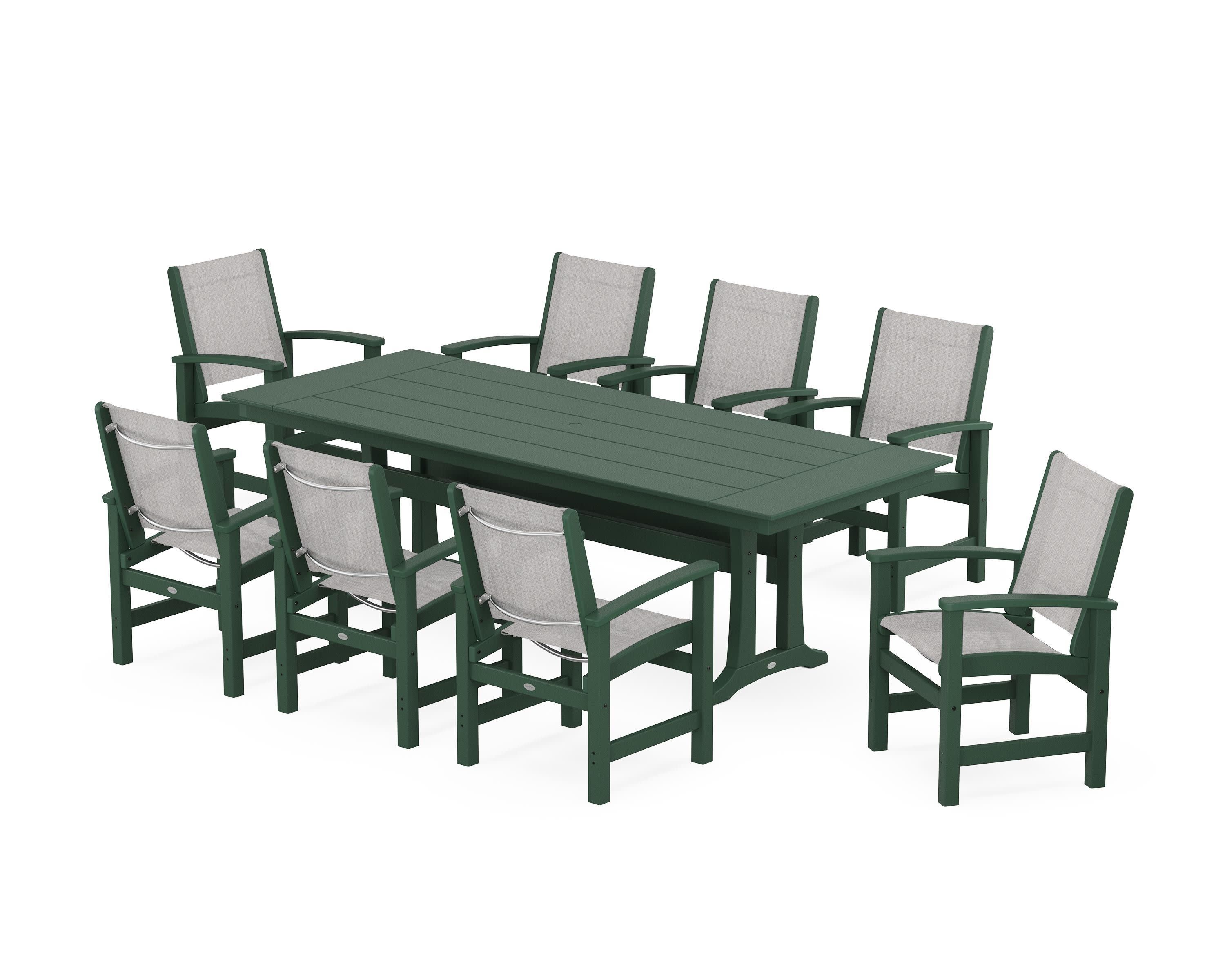 Coastal 9-Piece Farmhouse Dining Set with Trestle Legs in Green / Parchment Sling