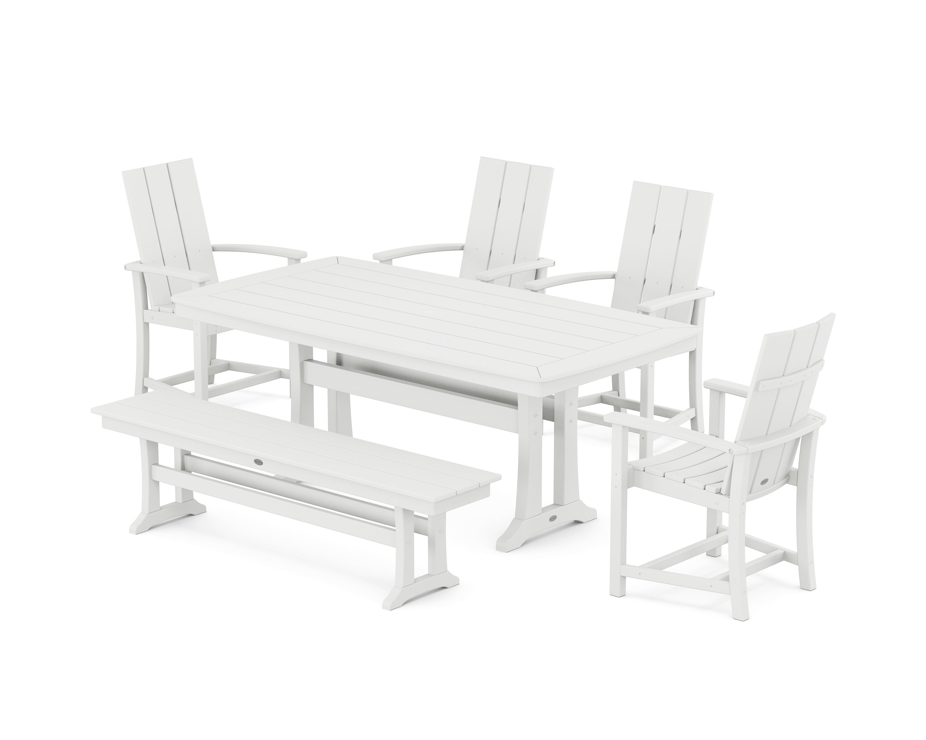 Modern Adirondack 6-Piece Dining Set with Trestle Legs and Bench in White