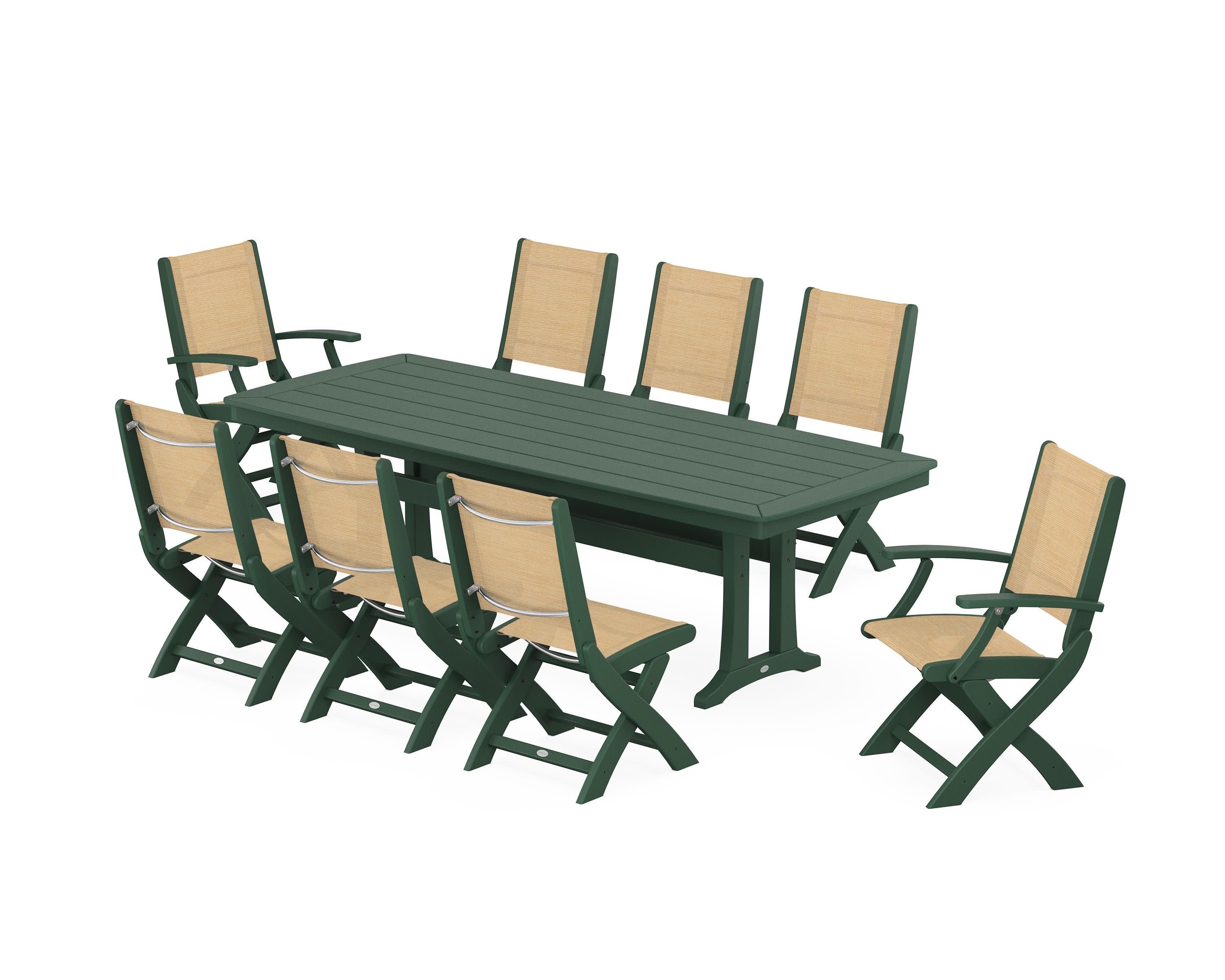 Coastal Folding 9-Piece Dining Set with Trestle Legs in Green / Dupioni Apricot Sling