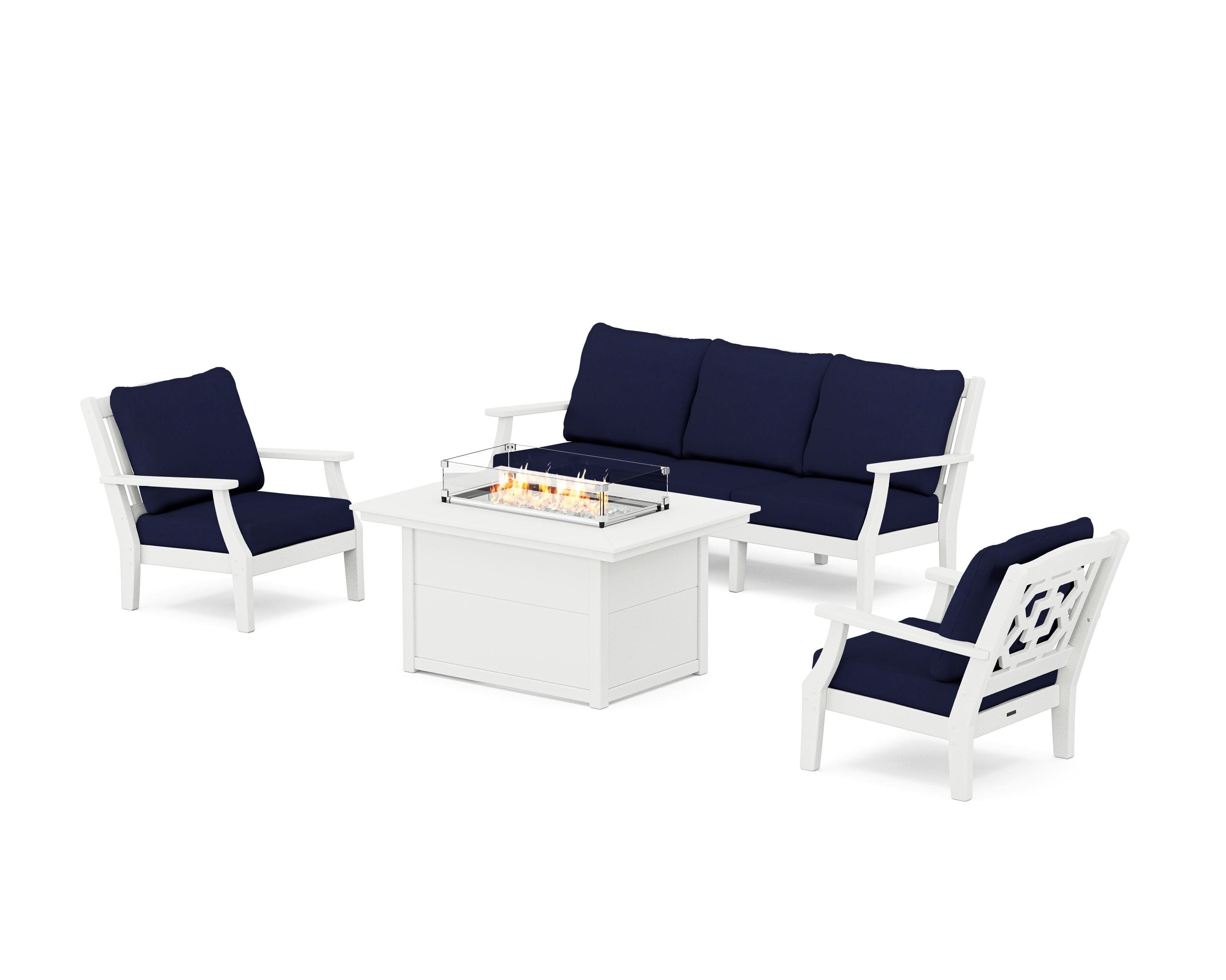 Chinoiserie Deep Seating Fire Pit Table Set in White / Navy